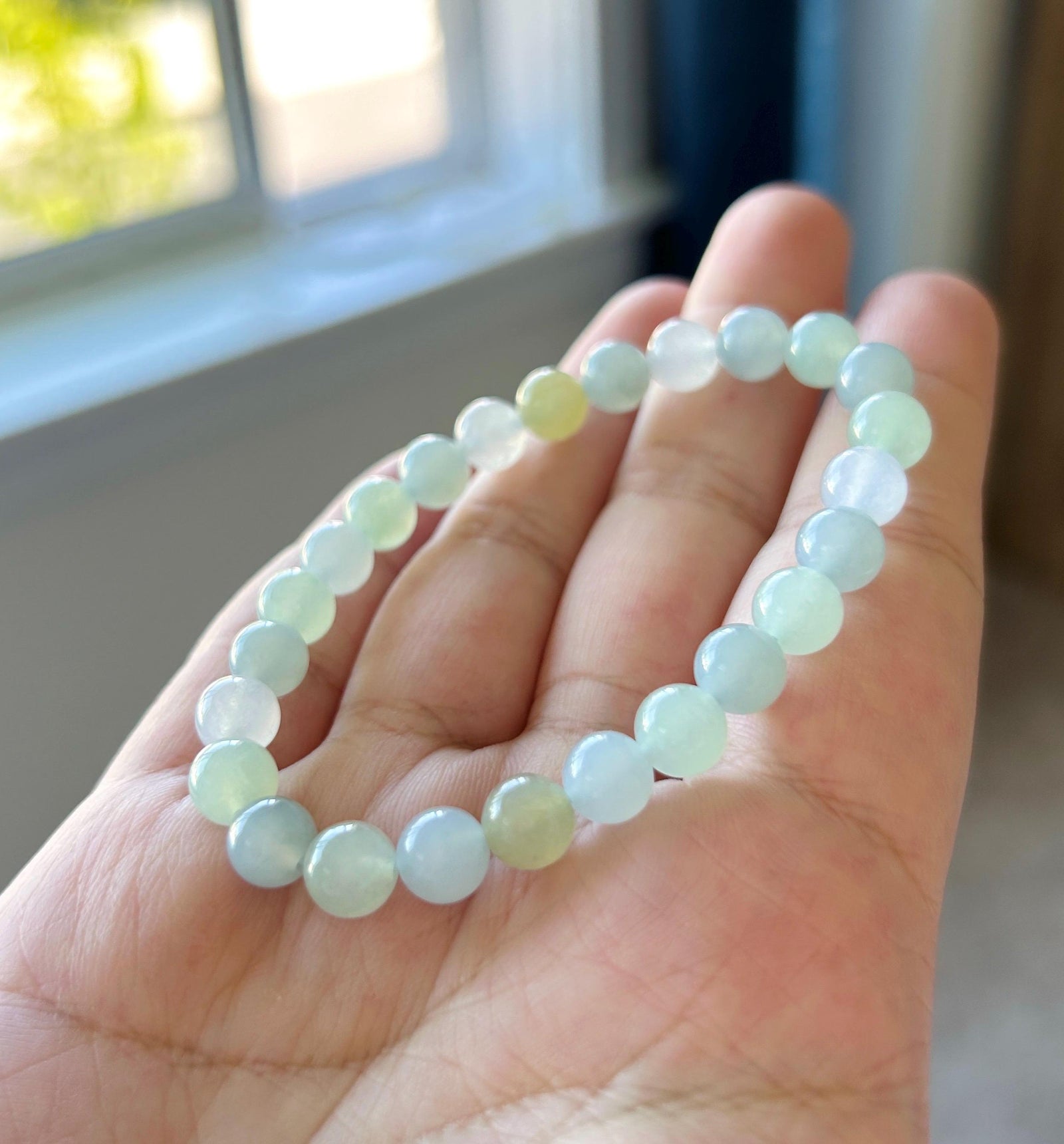 Natural Jadeite Bracelet, Burmese Type A Highly Translucent Icy Macaron Multicolor - Green, Blue, Lavender, Yellow Jade Beads, 7mm
