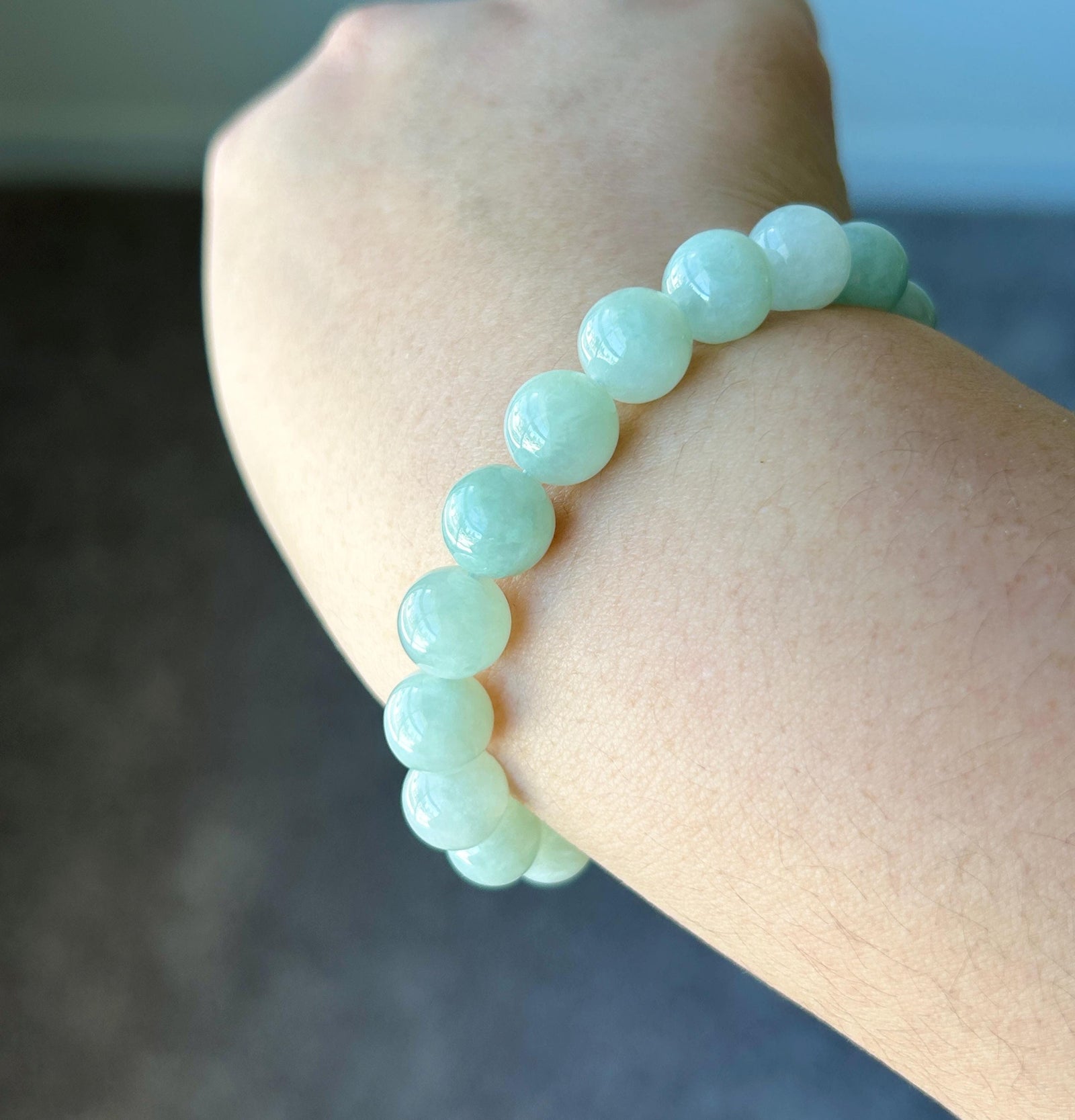 Natural Jadeite Bracelet, Burmese Type A Icy Gelatinous Pale Apple Green Jade Beads, 9.6mm, Minimalist Jewelry