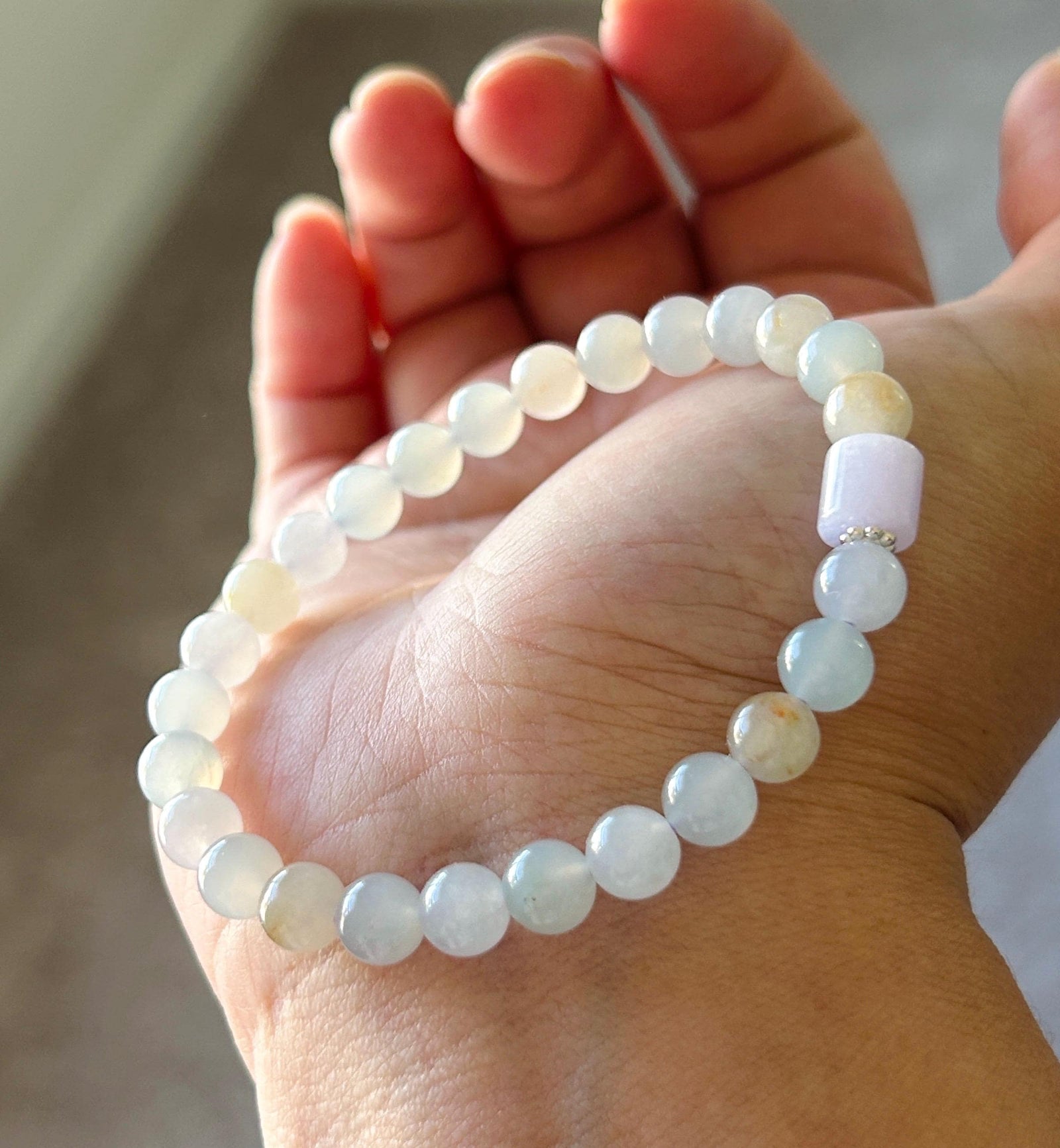 Natural Jadeite Bracelet, Burmese Type A Highly Translucent Icy Macaron Multicolor - Pale Blue, Lavender, Red Floral Jade Beads, 6.8mm