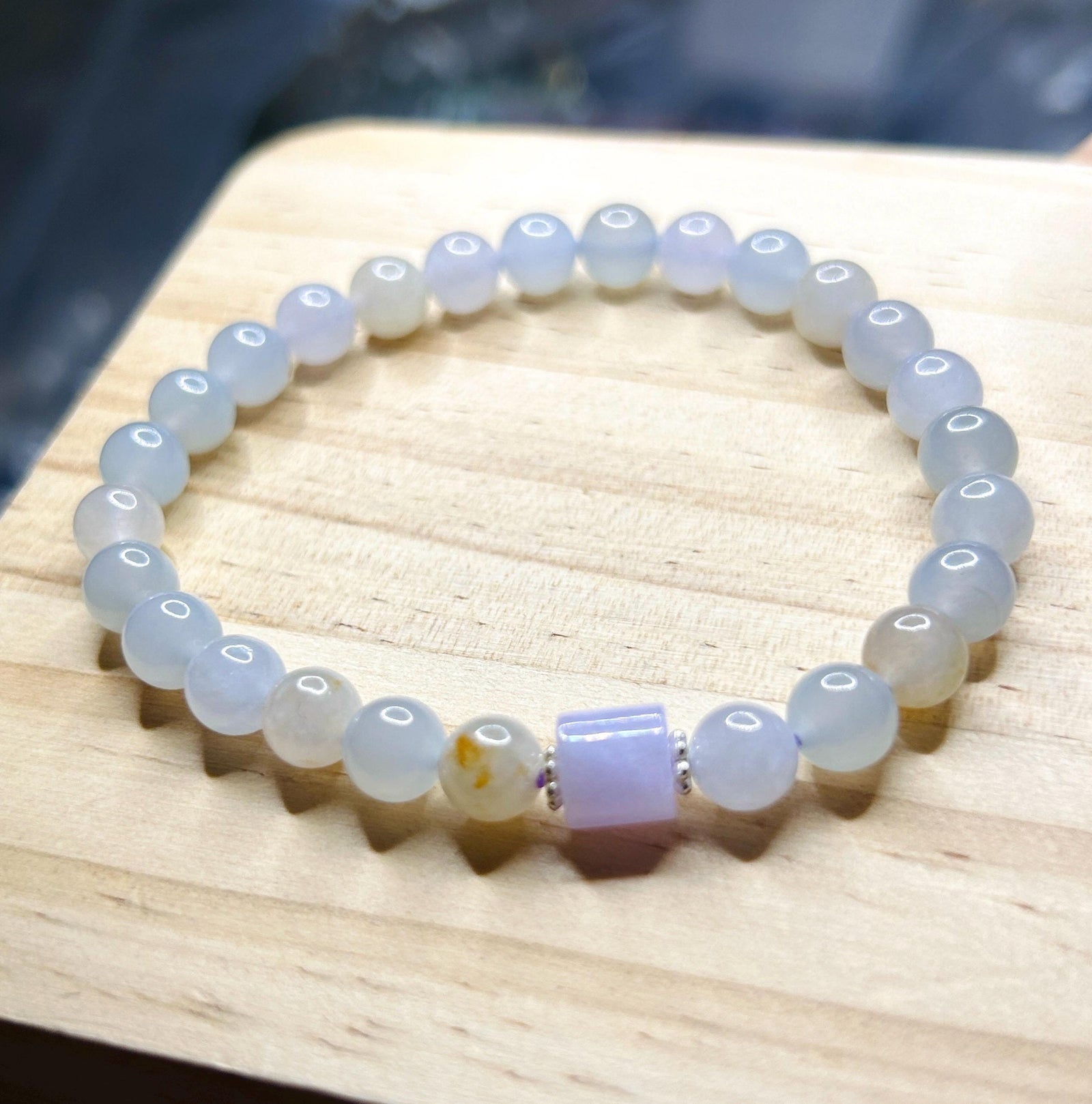 Natural Jadeite Bracelet, Burmese Type A Highly Translucent Icy Macaron Multicolor - Pale Blue, Lavender, Red Floral Jade Beads, 6.8mm