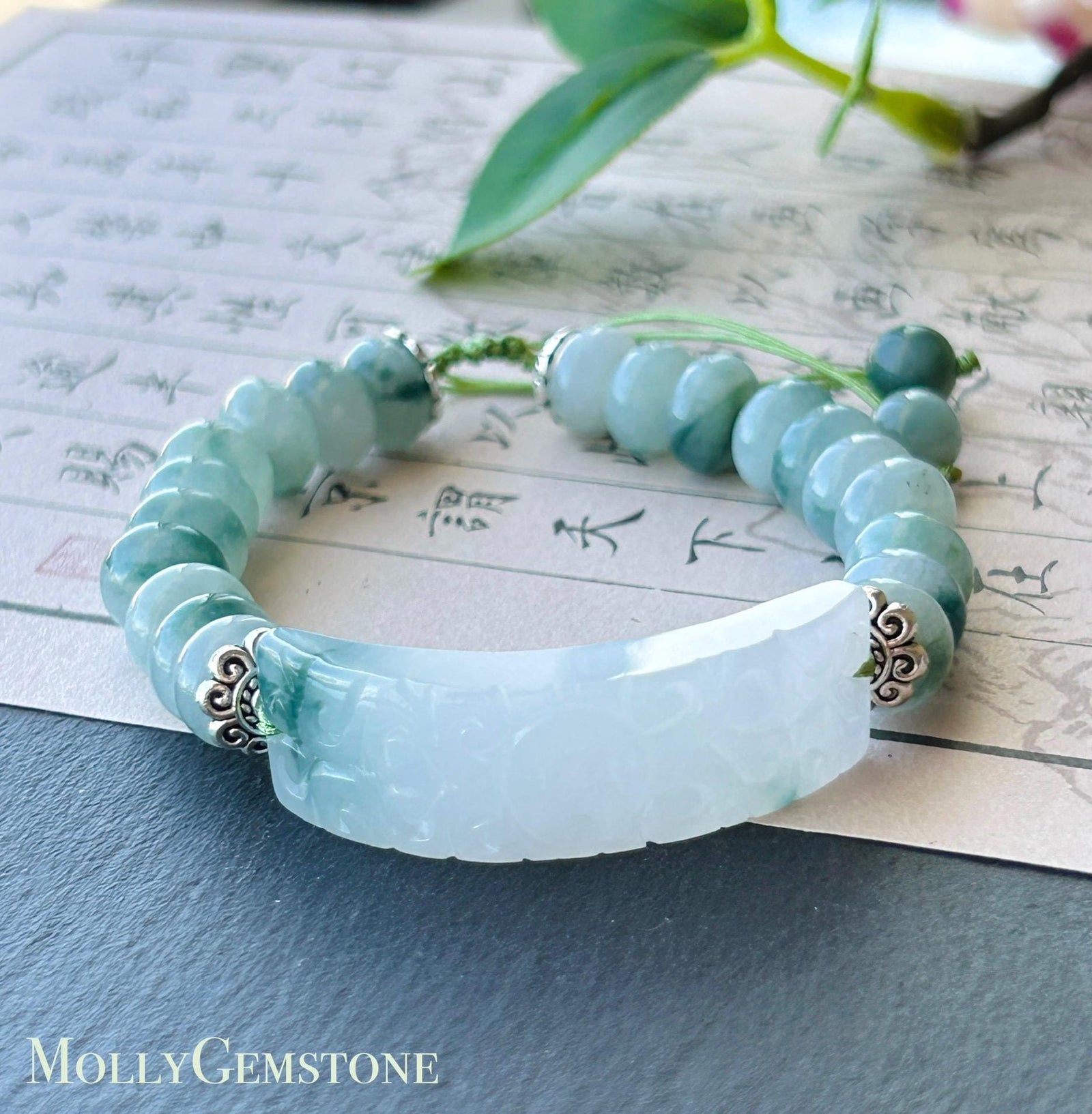 Natural Jadeite Plaque Handwoven Bracelet| Burmese Type A Untreated Icy Translucent White Based Blue Floral Jade Beads, 9mm
