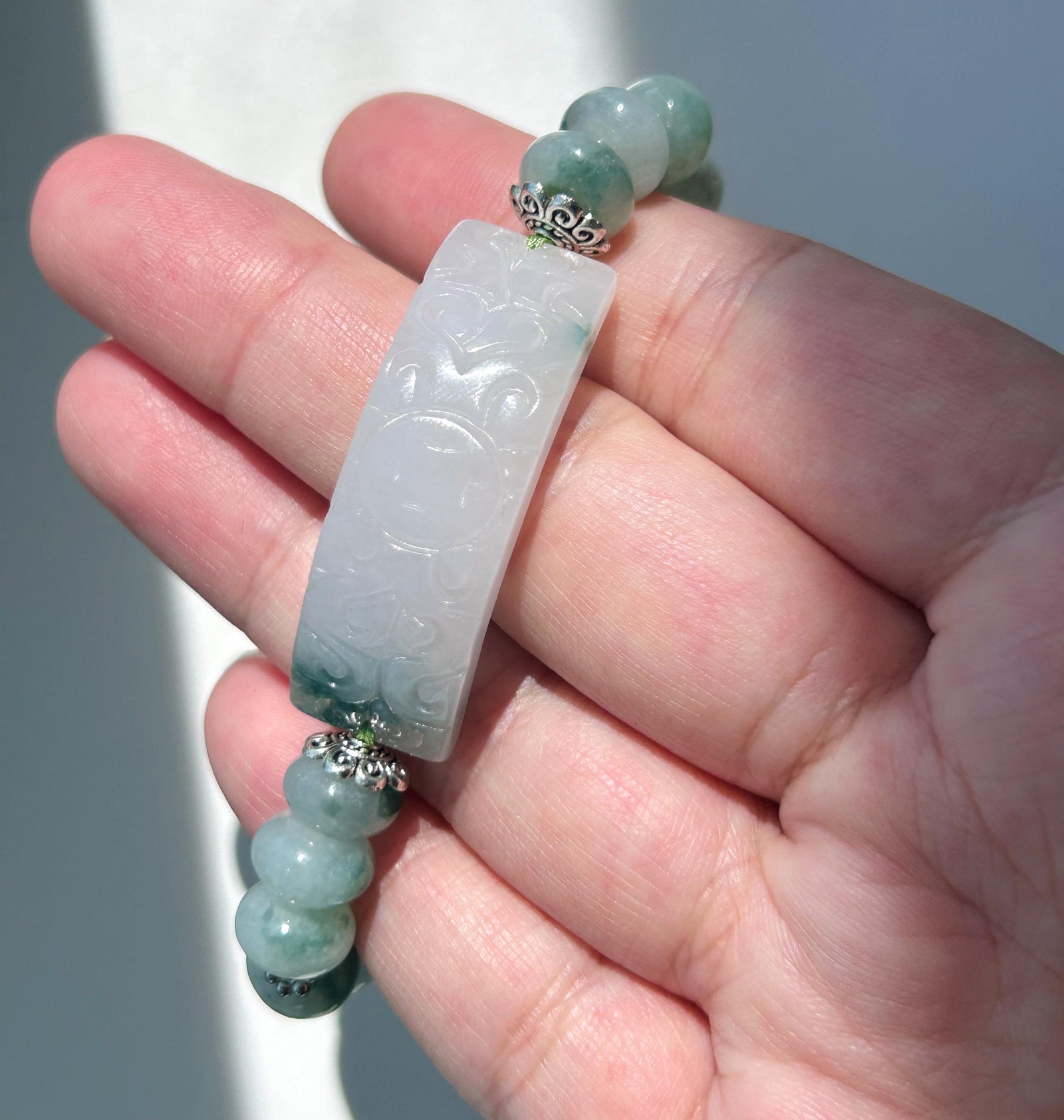 Natural Jadeite Plaque Handwoven Bracelet| Burmese Type A Untreated Icy Translucent White Based Blue Floral Jade Beads, 9mm