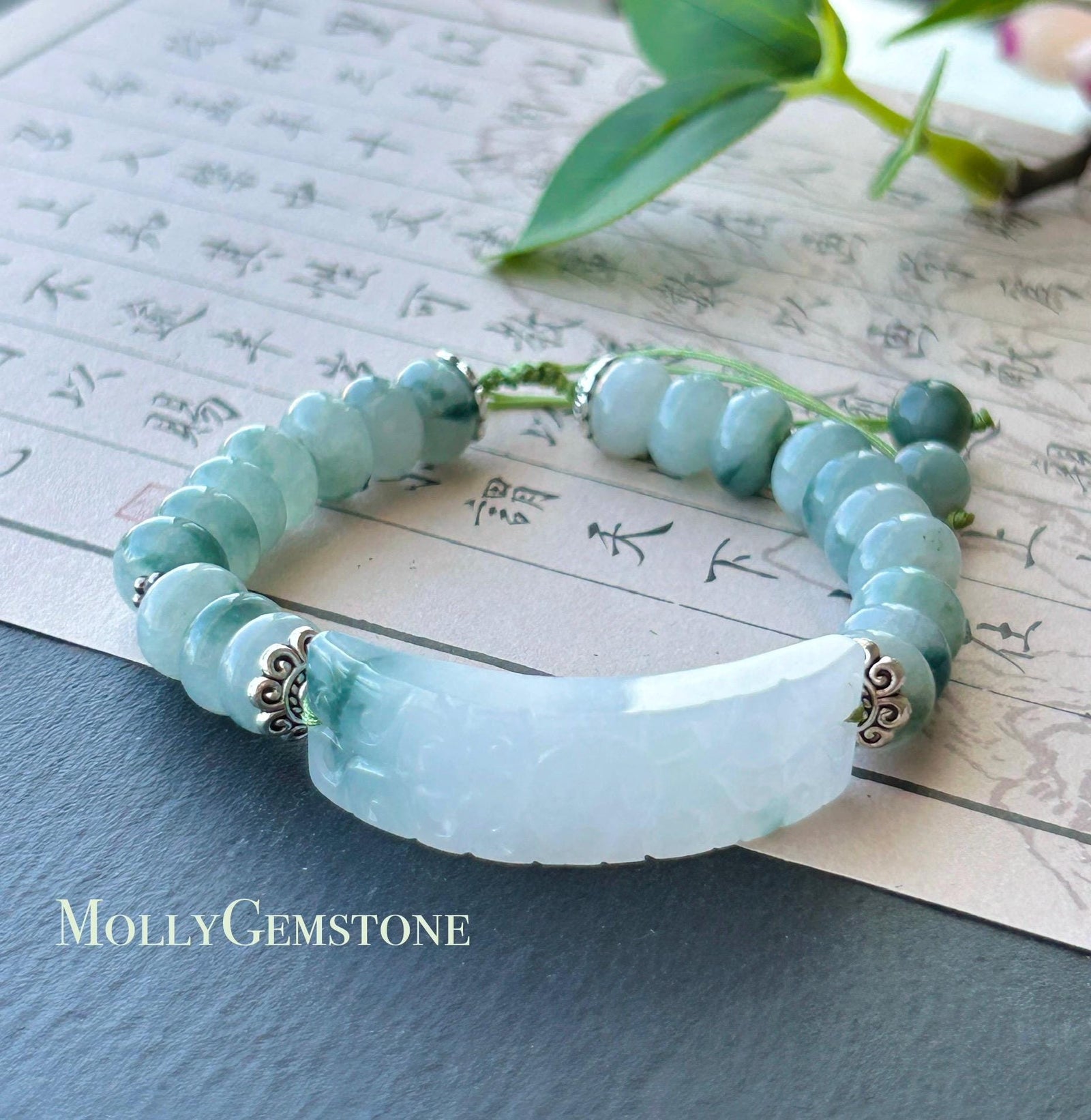 Natural Jadeite Plaque Handwoven Bracelet| Burmese Type A Untreated Icy Translucent White Based Blue Floral Jade Beads, 9mm