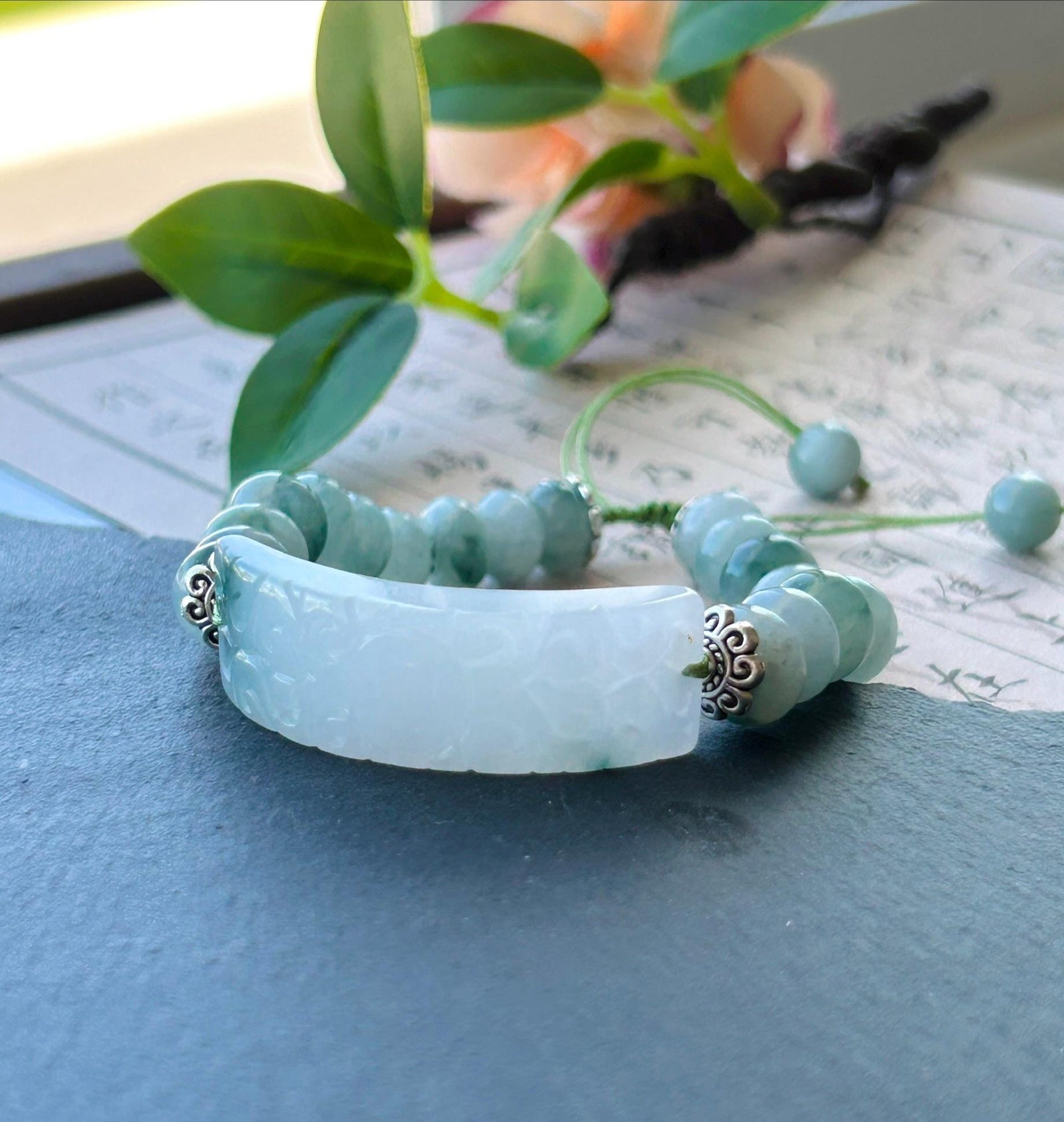 Natural Jadeite Plaque Handwoven Bracelet| Burmese Type A Untreated Icy Translucent White Based Blue Floral Jade Beads, 9mm