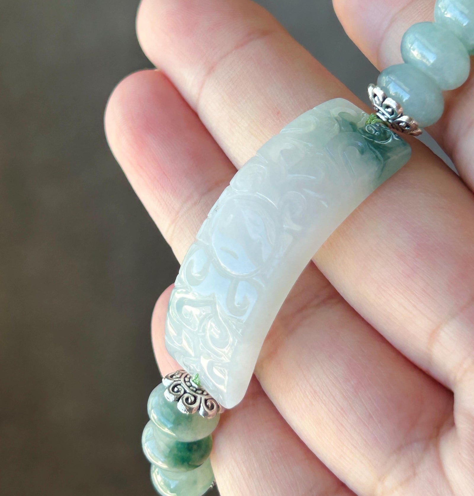 Natural Jadeite Plaque Handwoven Bracelet| Burmese Type A Untreated Icy Translucent White Based Blue Floral Jade Beads, 9mm