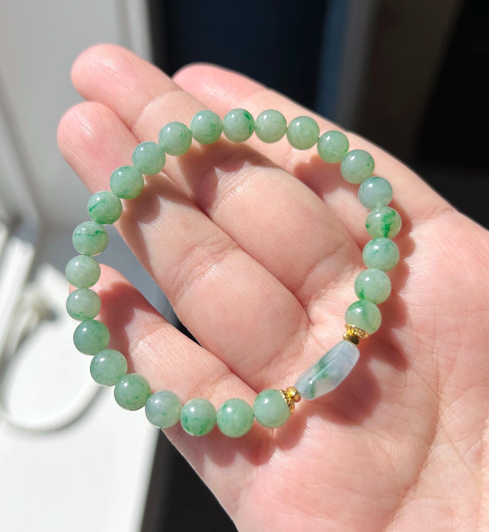 Natural Jadeite Beaded Bracelet, Burmese Type A Icy Translucent Green Floral with Monet Garden Lavender Focal Bead, 6.5mm