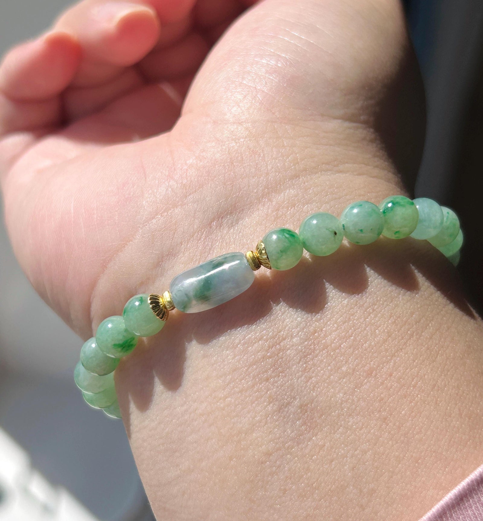 Natural Jadeite Beaded Bracelet, Burmese Type A Icy Translucent Green Floral with Monet Garden Lavender Focal Bead, 6.5mm