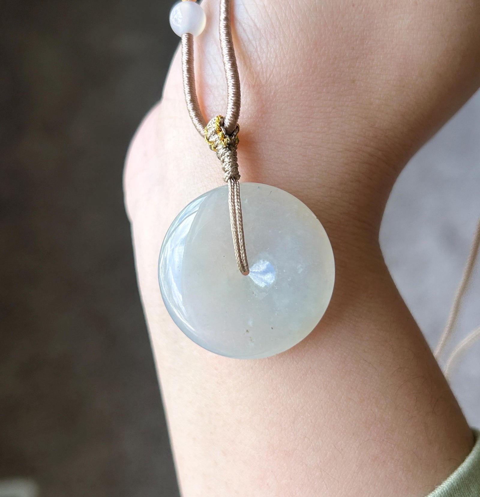 Natural Jadeite Lucky Donut Pendant Handwoven Necklace Burmese Type A Translucent Icy Light Milk Tea White/Grey Jade PingAnKou 29 x 6mm
