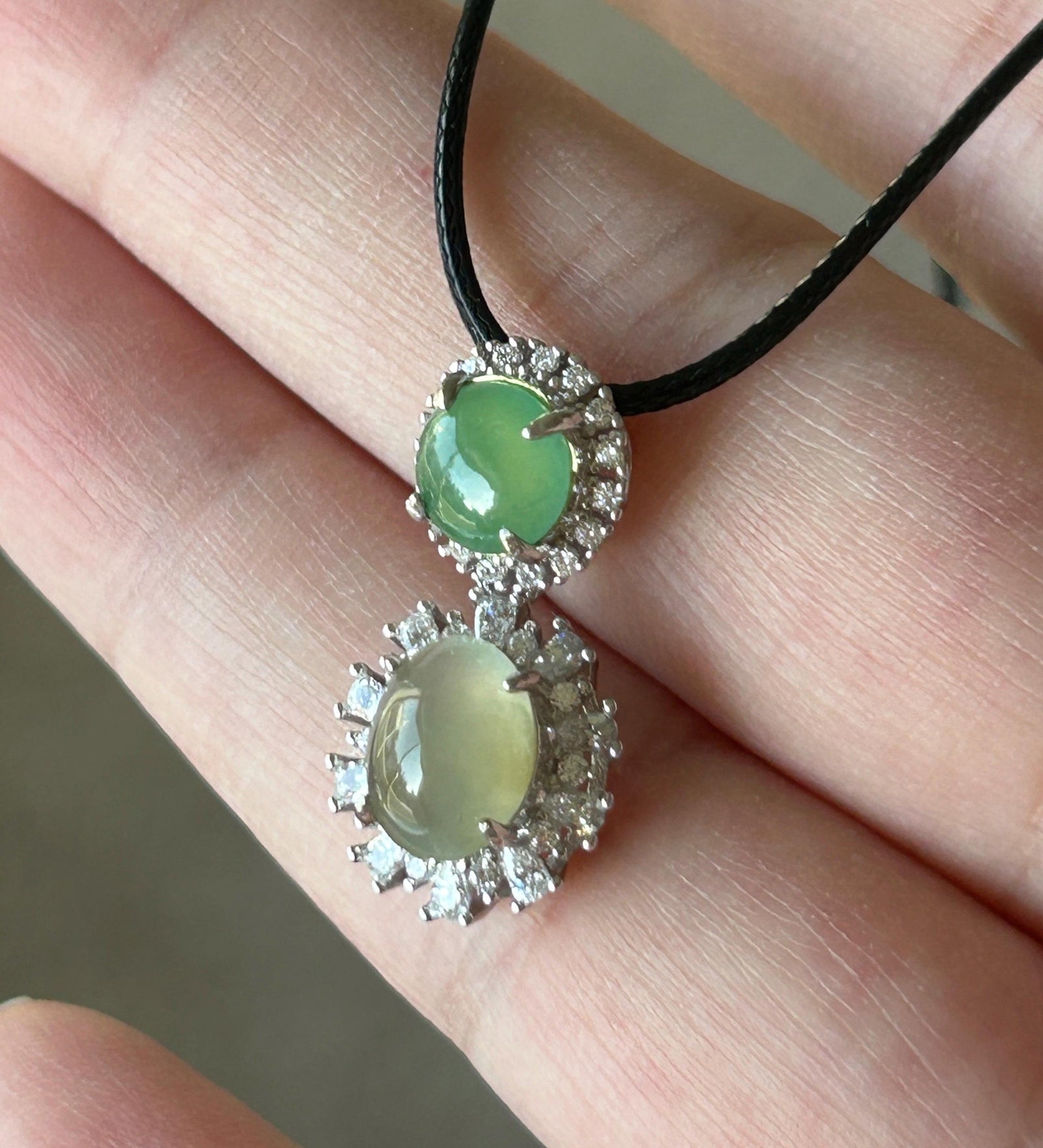 Certified Natural Jadeite Dual- Cabochon Pendant Burmese Type A Icy Translucent Apple Green & Pear Yellow Jade in Sterling Silver