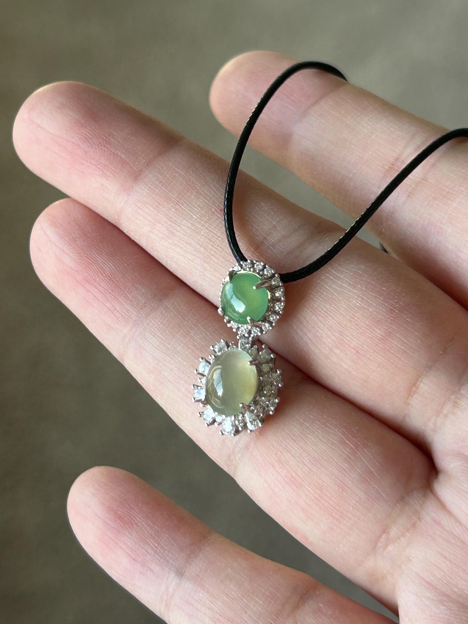 Certified Natural Jadeite Dual- Cabochon Pendant Burmese Type A Icy Translucent Apple Green & Pear Yellow Jade in Sterling Silver