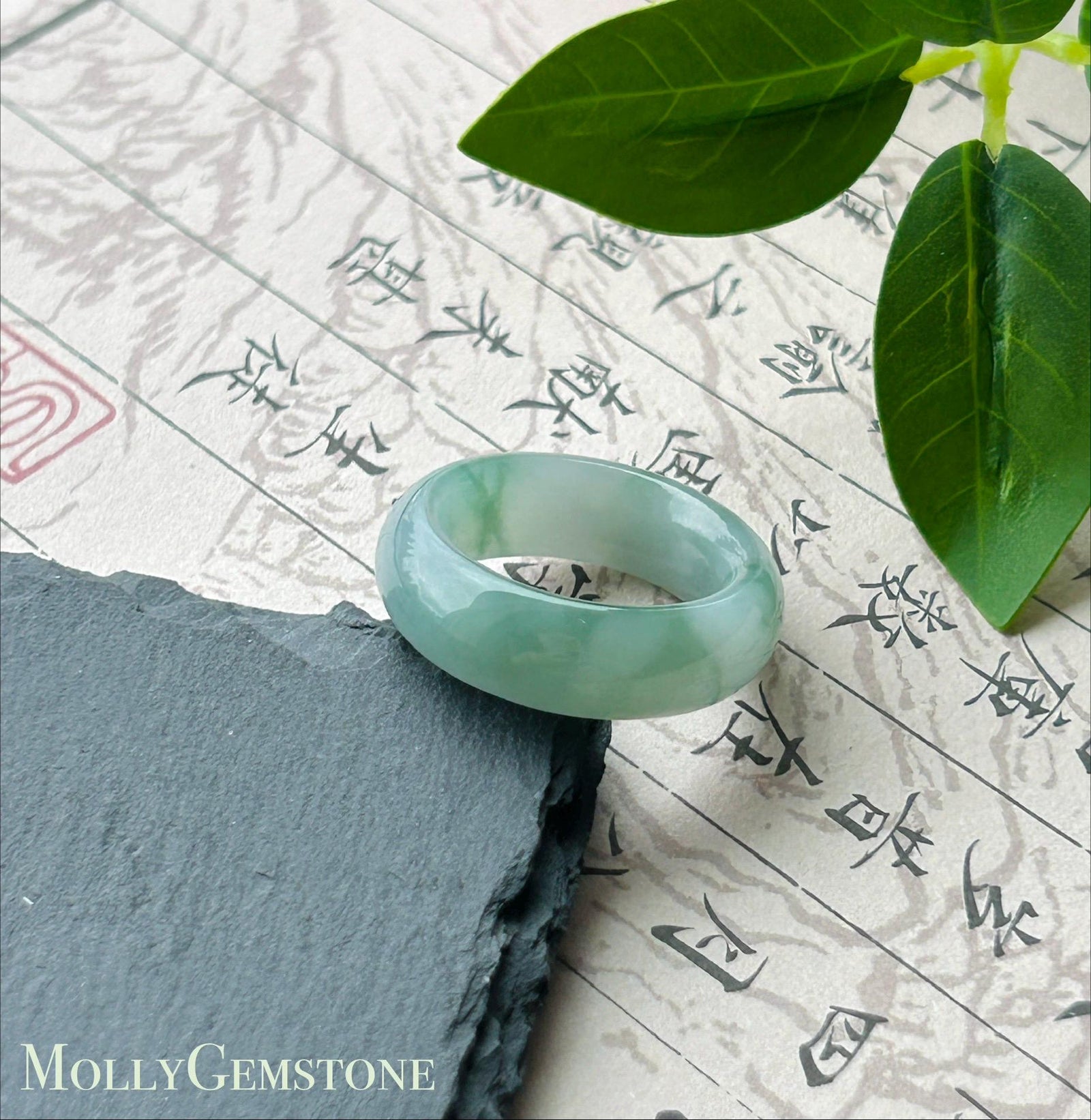 Certified Natural Jadeite Thick-Cut Ring Band – Burmese Type A Icy Translucent fine glutinous Teal Blue & Green Floral Jade, US 8
