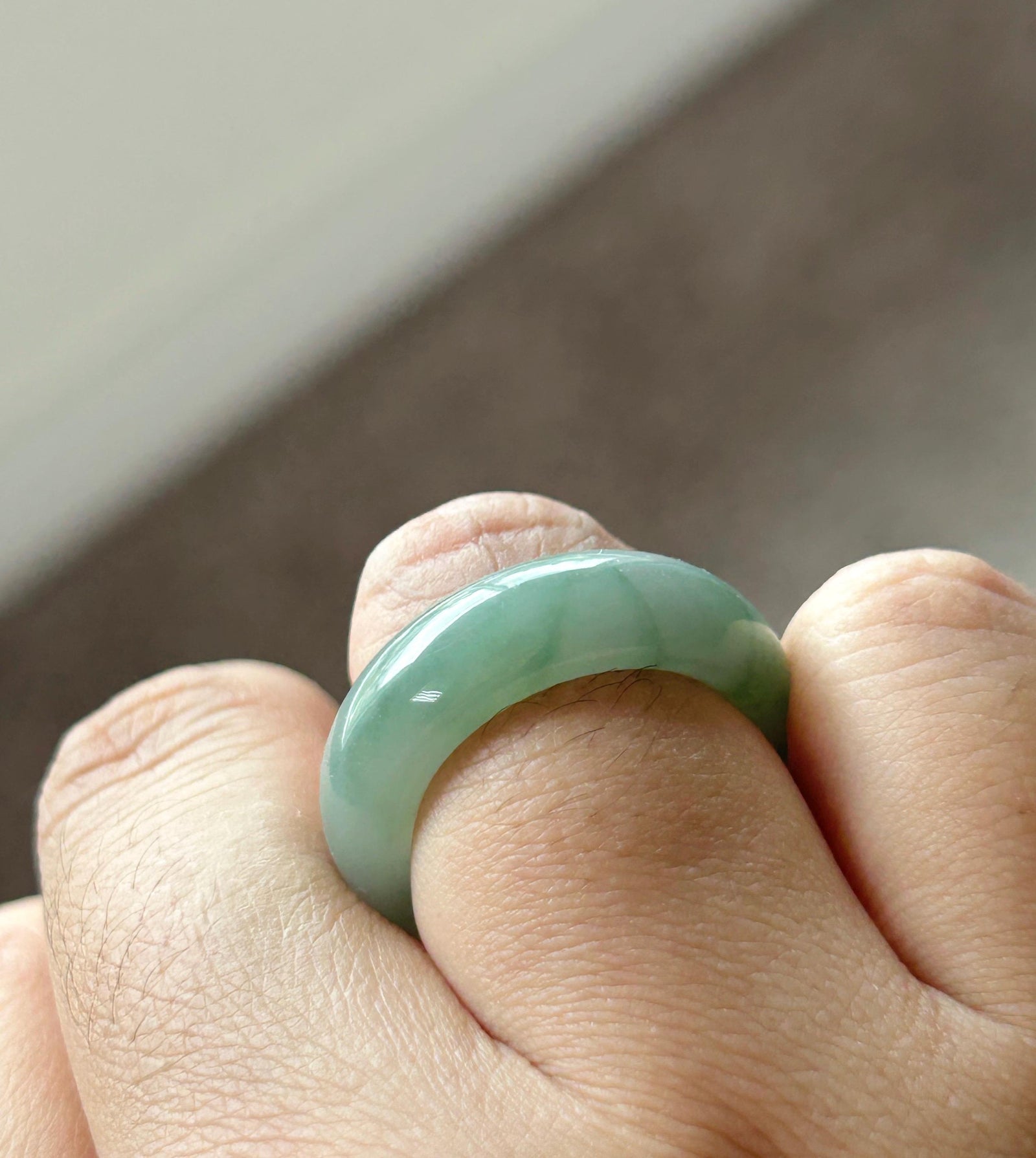 Certified Natural Jadeite Thick-Cut Ring Band – Burmese Type A Icy Translucent fine glutinous Teal Blue & Green Floral Jade, US 8