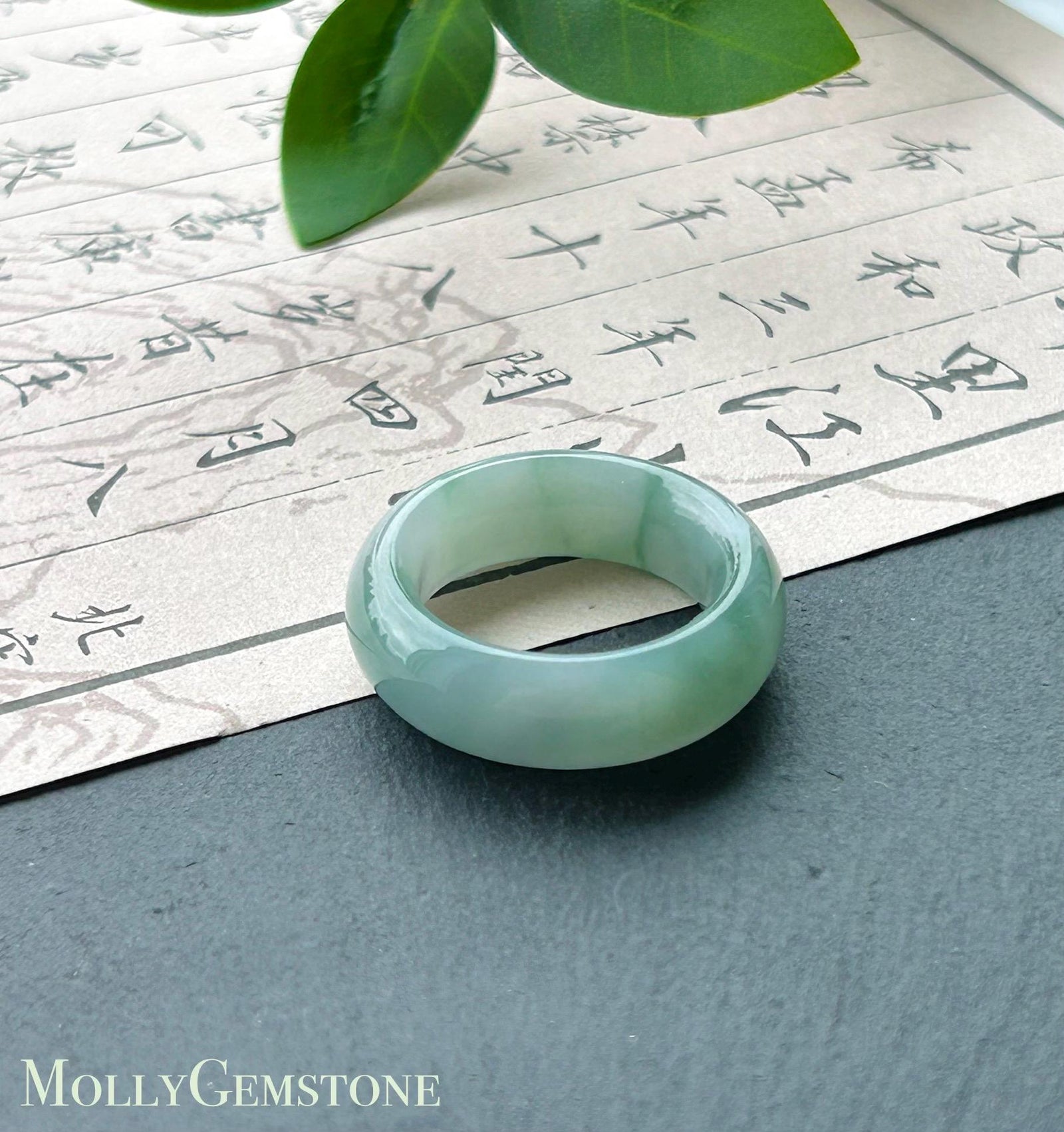 Certified Natural Jadeite Thick-Cut Ring Band – Burmese Type A Icy Translucent fine glutinous Teal Blue & Green Floral Jade, US 8