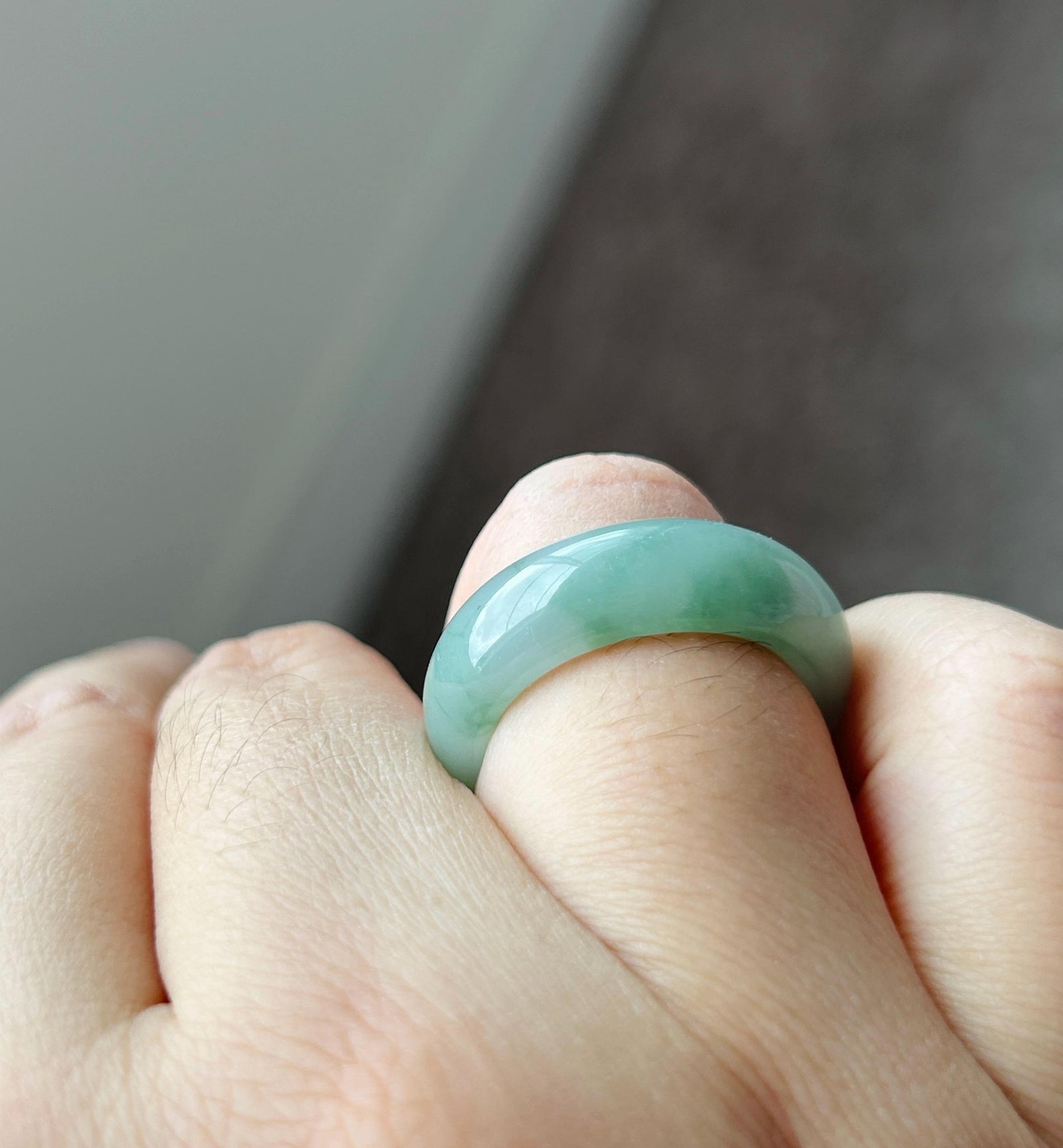 Certified Natural Jadeite Thick-Cut Ring Band – Burmese Type A Icy Translucent fine glutinous Teal Blue & Green Floral Jade, US 8