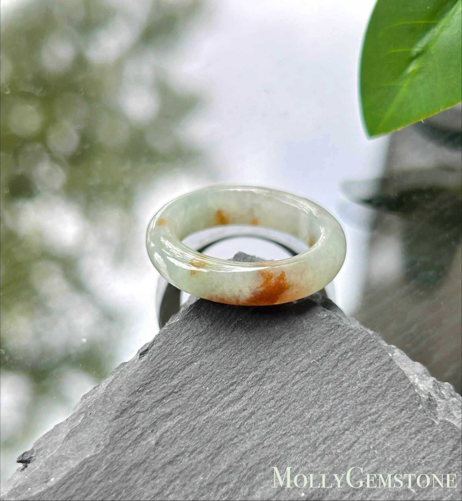 Natural Jadeite Ring Band – Burmese Type A fine glutinous Smoky Greyish Green & Red Floral Jade, US 7