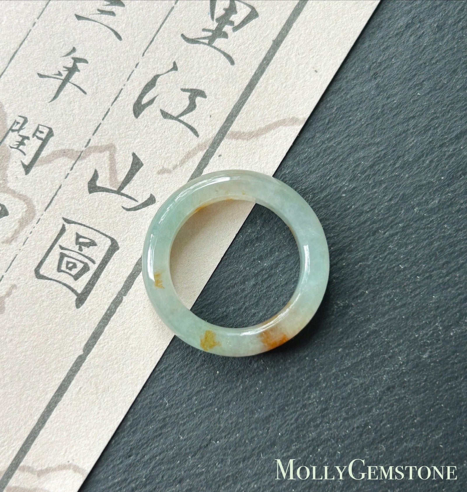 Natural Jadeite Ring Band – Burmese Type A fine glutinous Smoky Greyish Green & Red Floral Jade, US 7