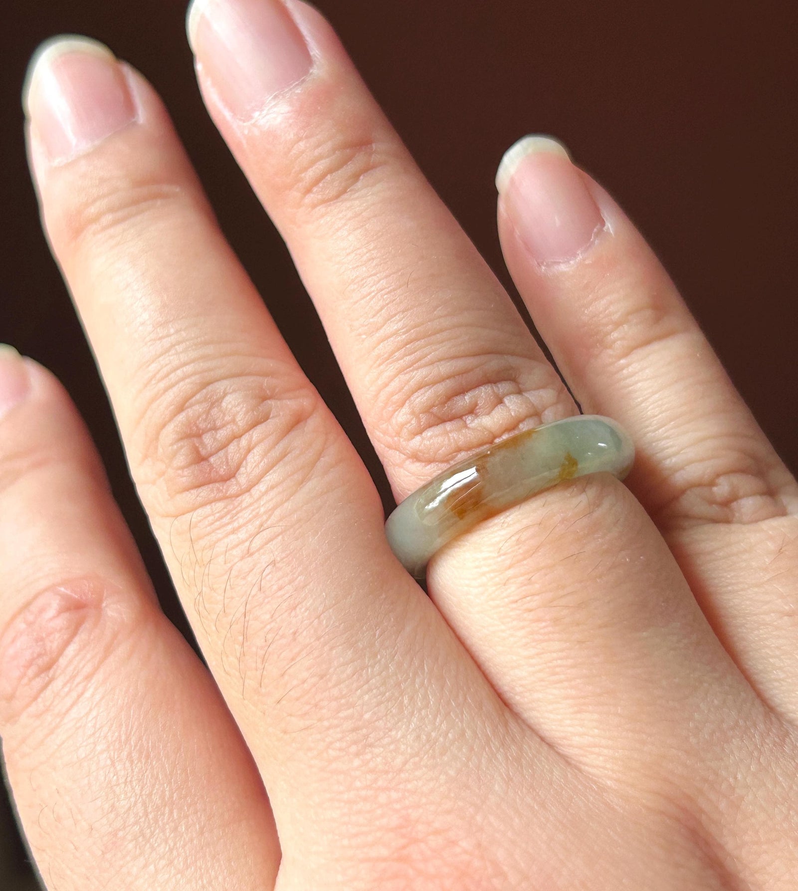 Natural Jadeite Ring Band – Burmese Type A fine glutinous Smoky Greyish Green & Red Floral Jade, US 7
