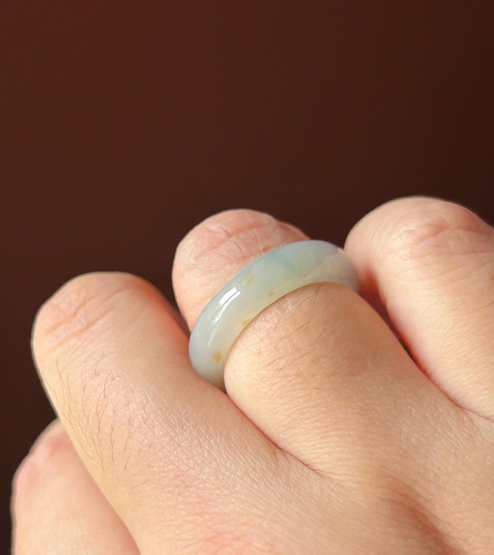 Natural Jadeite Ring Band – Burmese Type A Translucent Icy Milky White Base with Green & Red Floral Jade, US 8