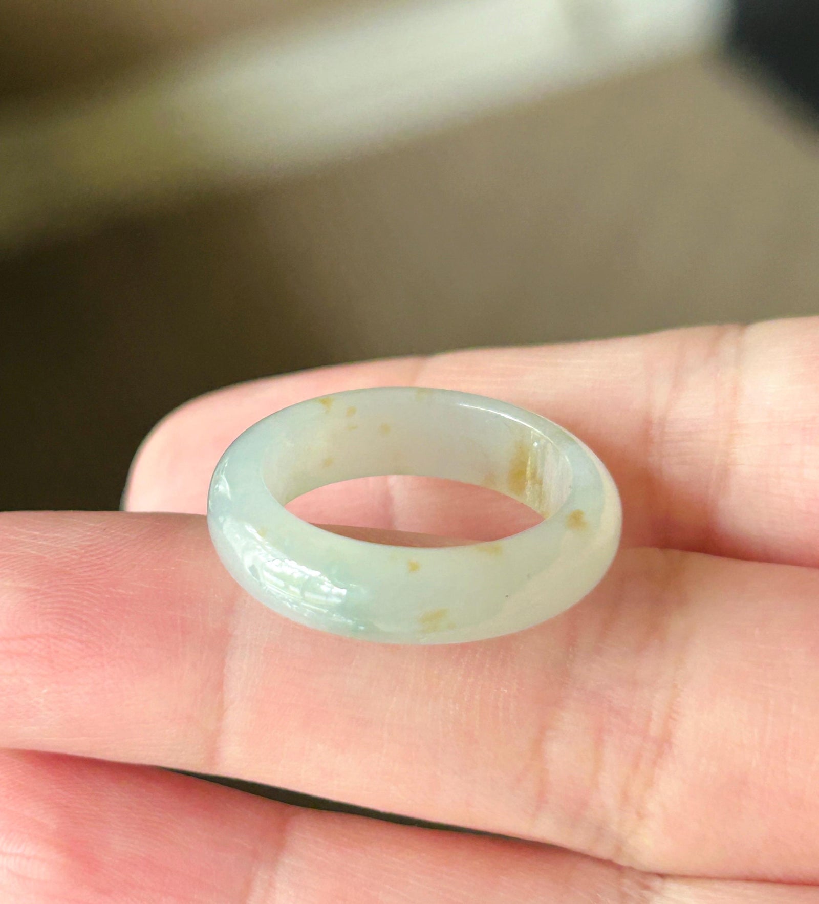 Natural Jadeite Ring Band – Burmese Type A Translucent Icy Milky White Base with Green & Red Floral Jade, US 8
