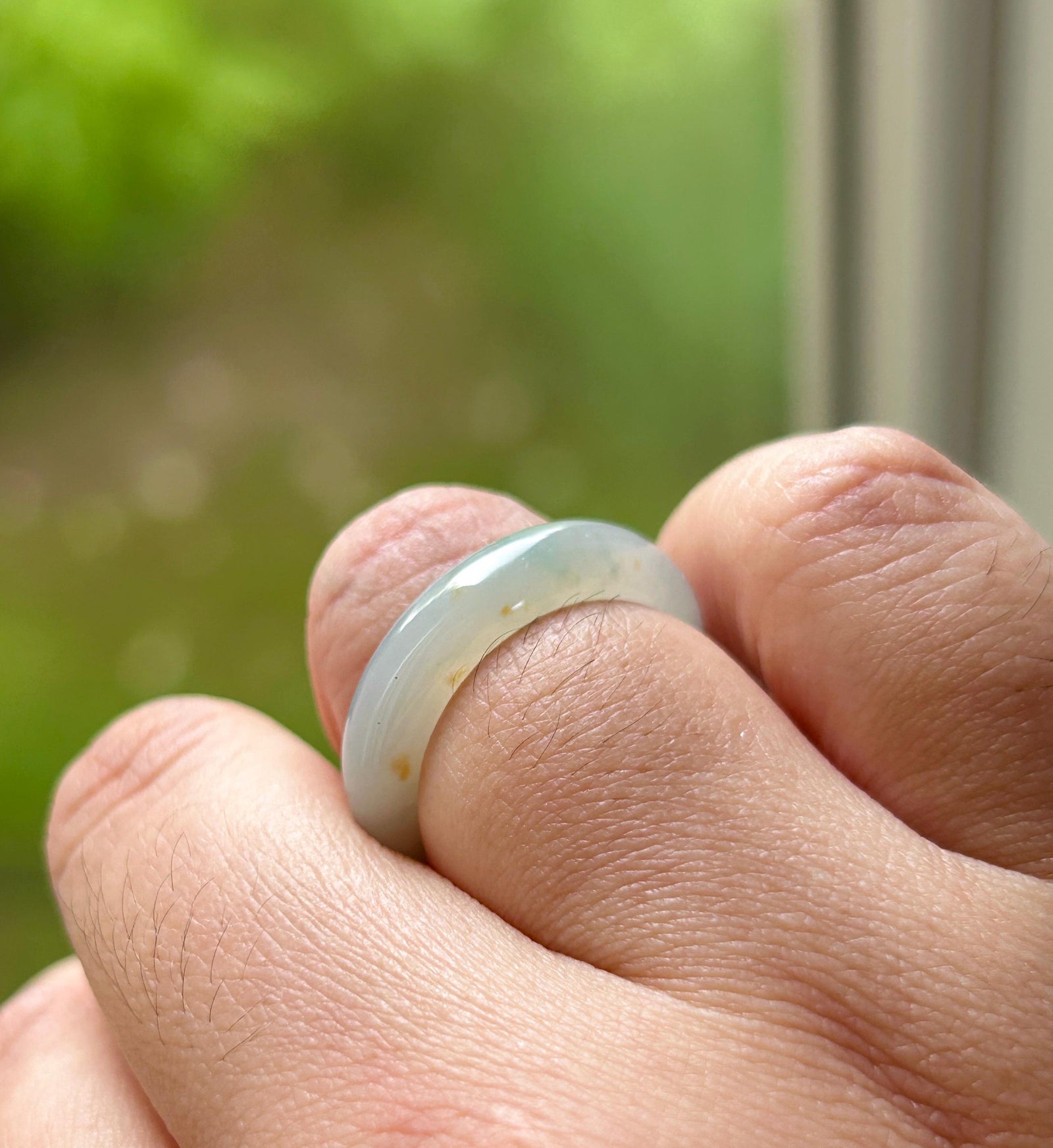 Natural Jadeite Ring Band – Burmese Type A Translucent Icy Milky White Base with Green & Red Floral Jade, US 8