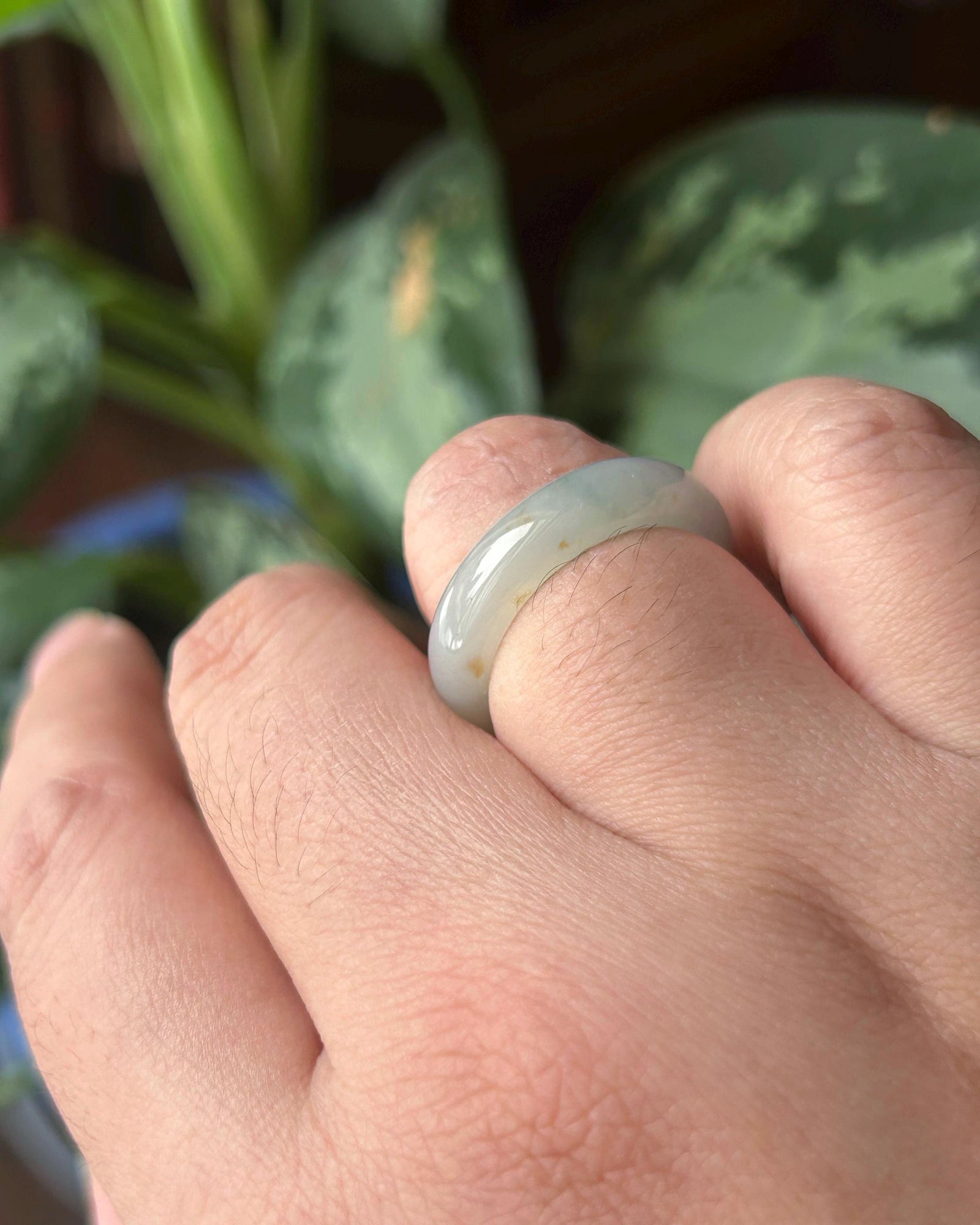Natural Jadeite Ring Band – Burmese Type A Translucent Icy Milky White Base with Green & Red Floral Jade, US 8