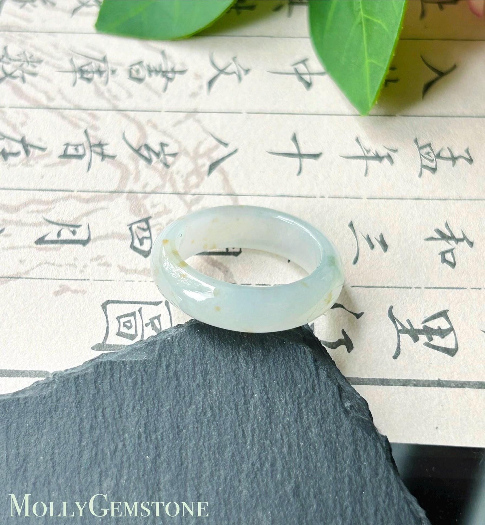 Natural Jadeite Ring Band – Burmese Type A Translucent Icy Milky White Base with Green & Red Floral Jade, US 8