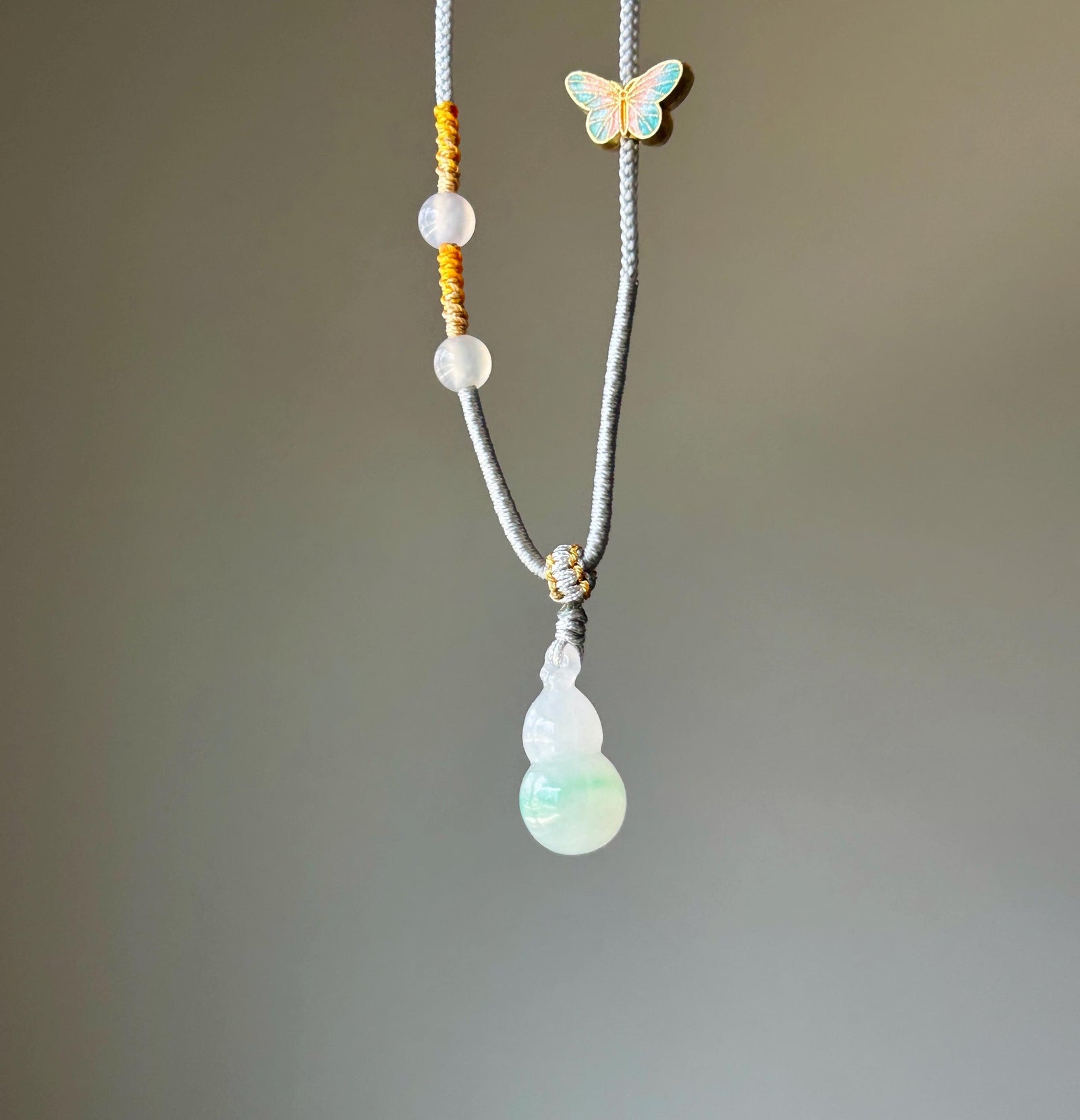 Natural Jadeite Gourd Pendant Handwoven Necklace Burmese Type A Highly Translucent Icy White Based Green Floral Jade Hulu| Moss in Snow