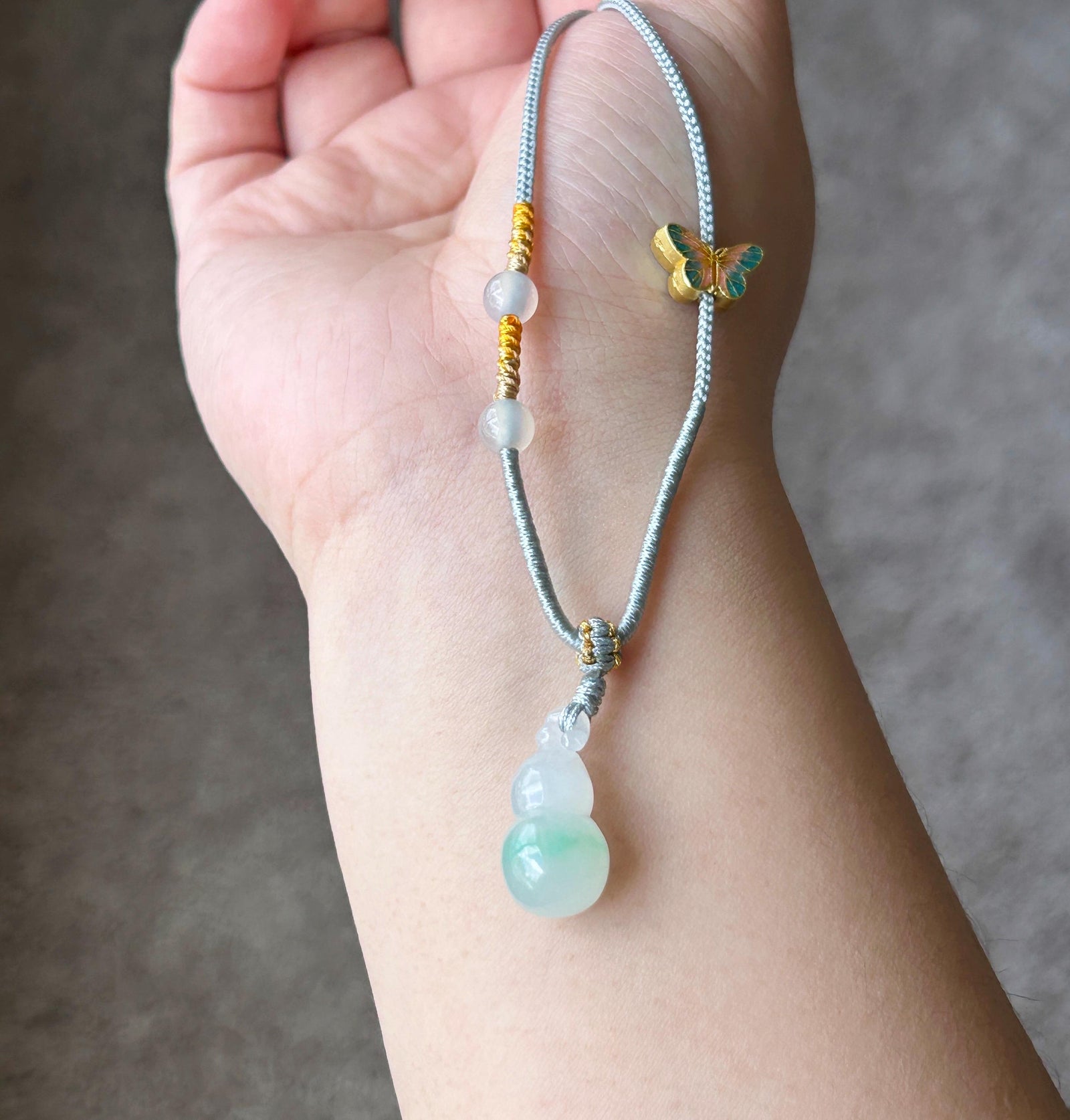 Natural Jadeite Gourd Pendant Handwoven Necklace Burmese Type A Highly Translucent Icy White Based Green Floral Jade Hulu| Moss in Snow