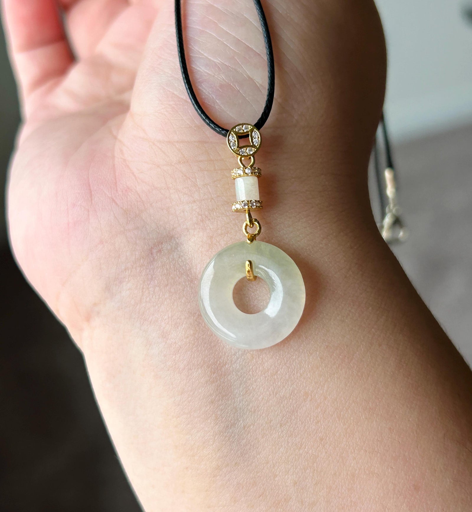 Natural Jadeite Donut Pendant - Burmese Type A Icy Translucent Pale Pear Yellow & White Jade, Sterling Silver