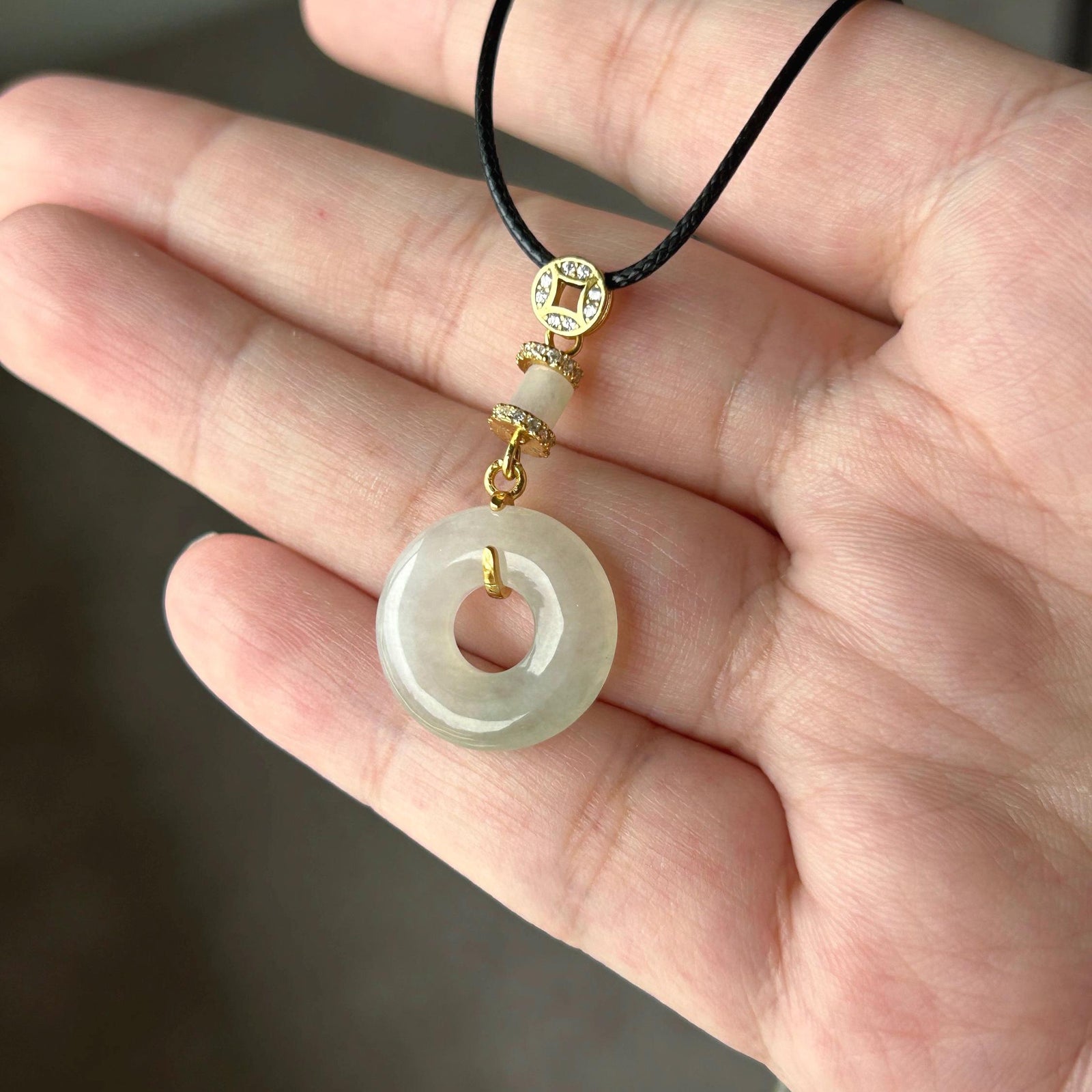 Natural Jadeite Donut Pendant - Burmese Type A Icy Translucent Pale Pear Yellow & White Jade, Sterling Silver