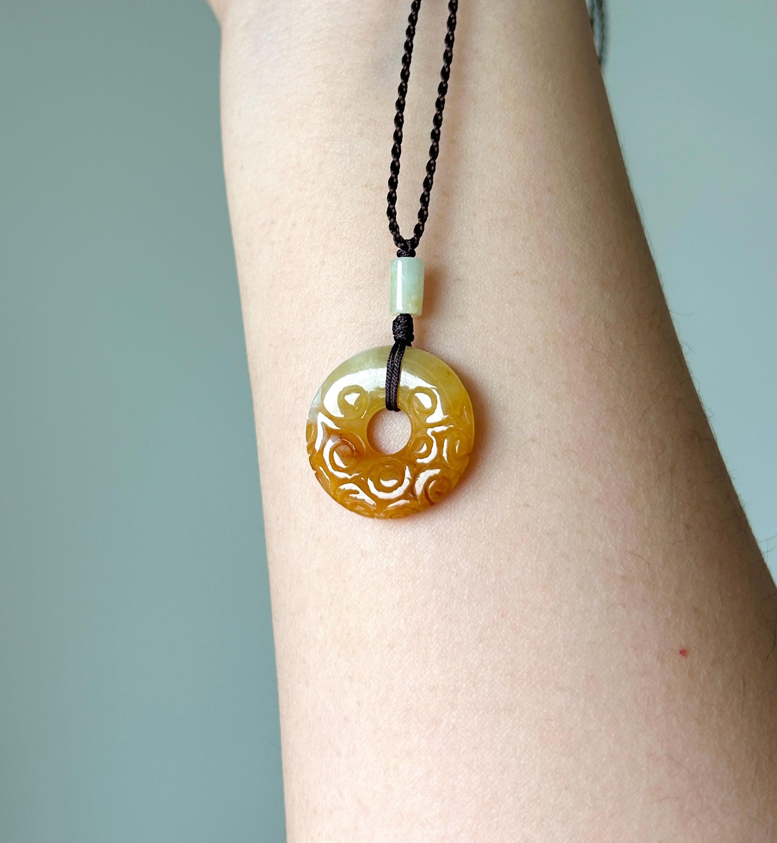 Certified Natural Jadeite Lucky Donut Pendant - Burmese Type A Icy Gelatinous Honey Yellow Jade Handcarved Ruyi Cloud Motif, Adjustable Cord