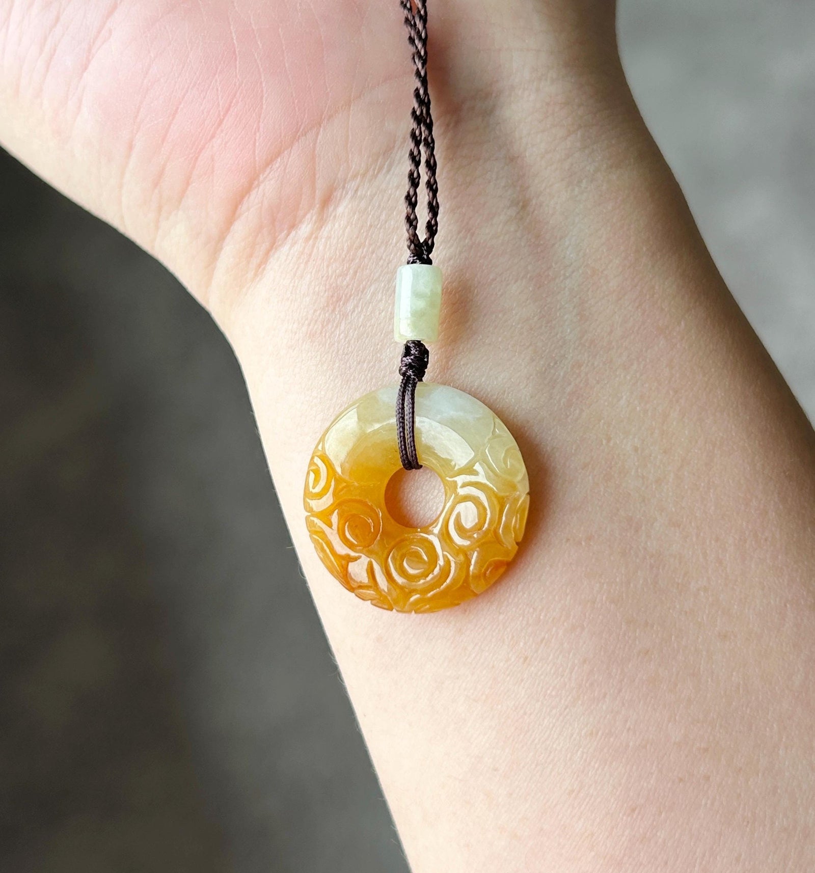 Certified Natural Jadeite Lucky Donut Pendant - Burmese Type A Icy Gelatinous Honey Yellow Jade Handcarved Ruyi Cloud Motif, Adjustable Cord