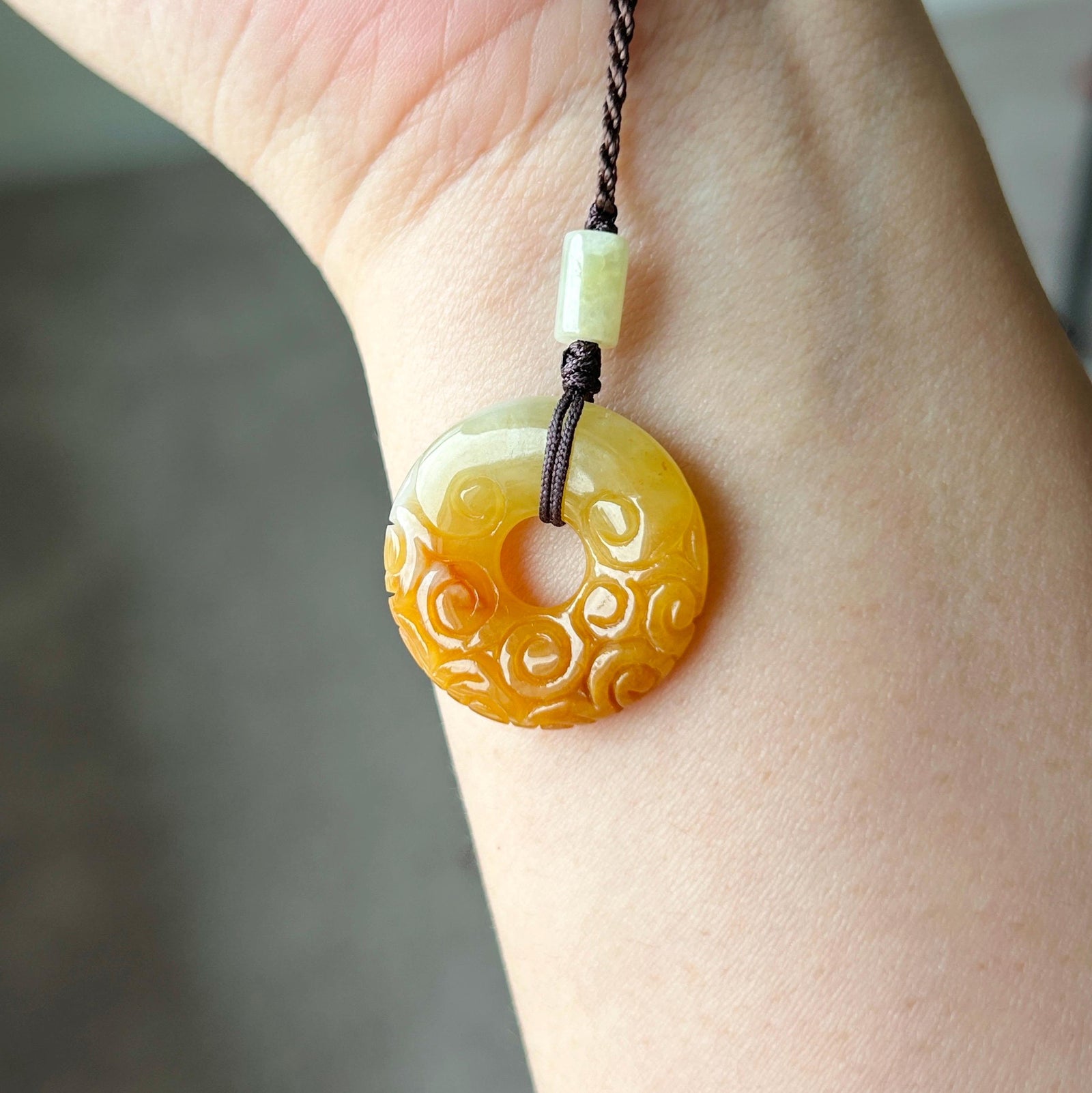 Certified Natural Jadeite Lucky Donut Pendant - Burmese Type A Icy Gelatinous Honey Yellow Jade Handcarved Ruyi Cloud Motif, Adjustable Cord