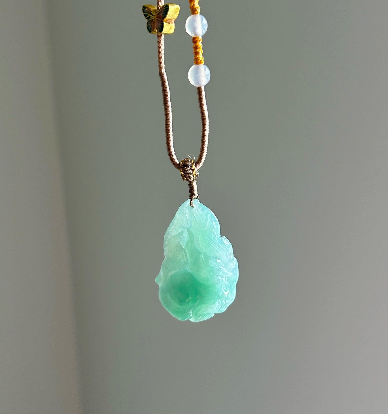 Certified Natural Jadeite Nine-Tail-Fox Pendant - Burmese Type A Untreated Icy Translucent Apple Green Jade Handwoven Adjustable Cord