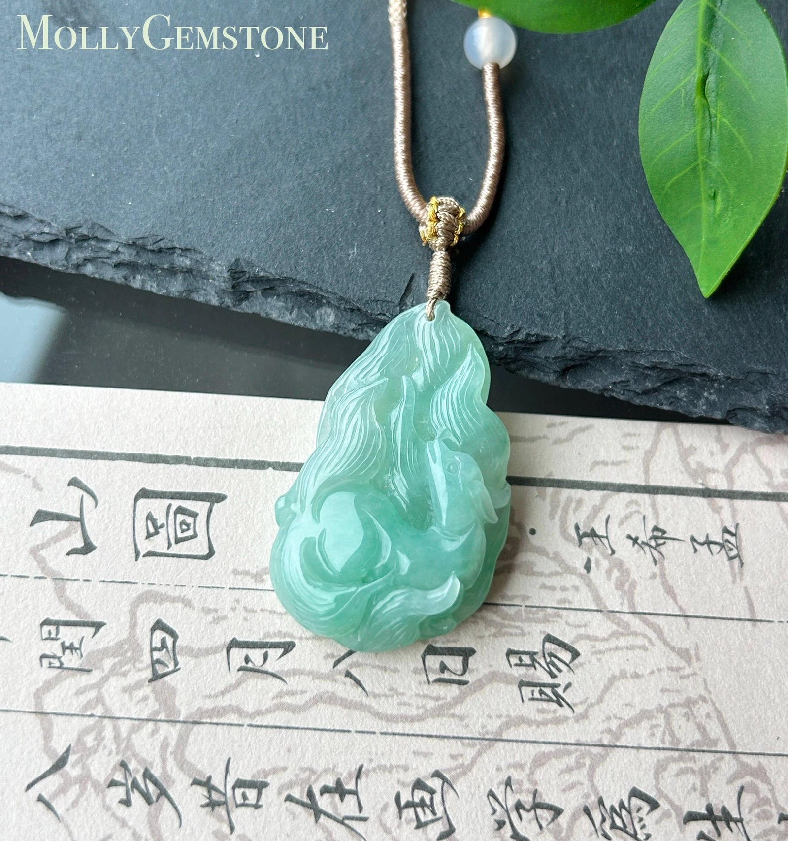 Certified Natural Jadeite Nine-Tail-Fox Pendant - Burmese Type A Untreated Icy Translucent Apple Green Jade Handwoven Adjustable Cord