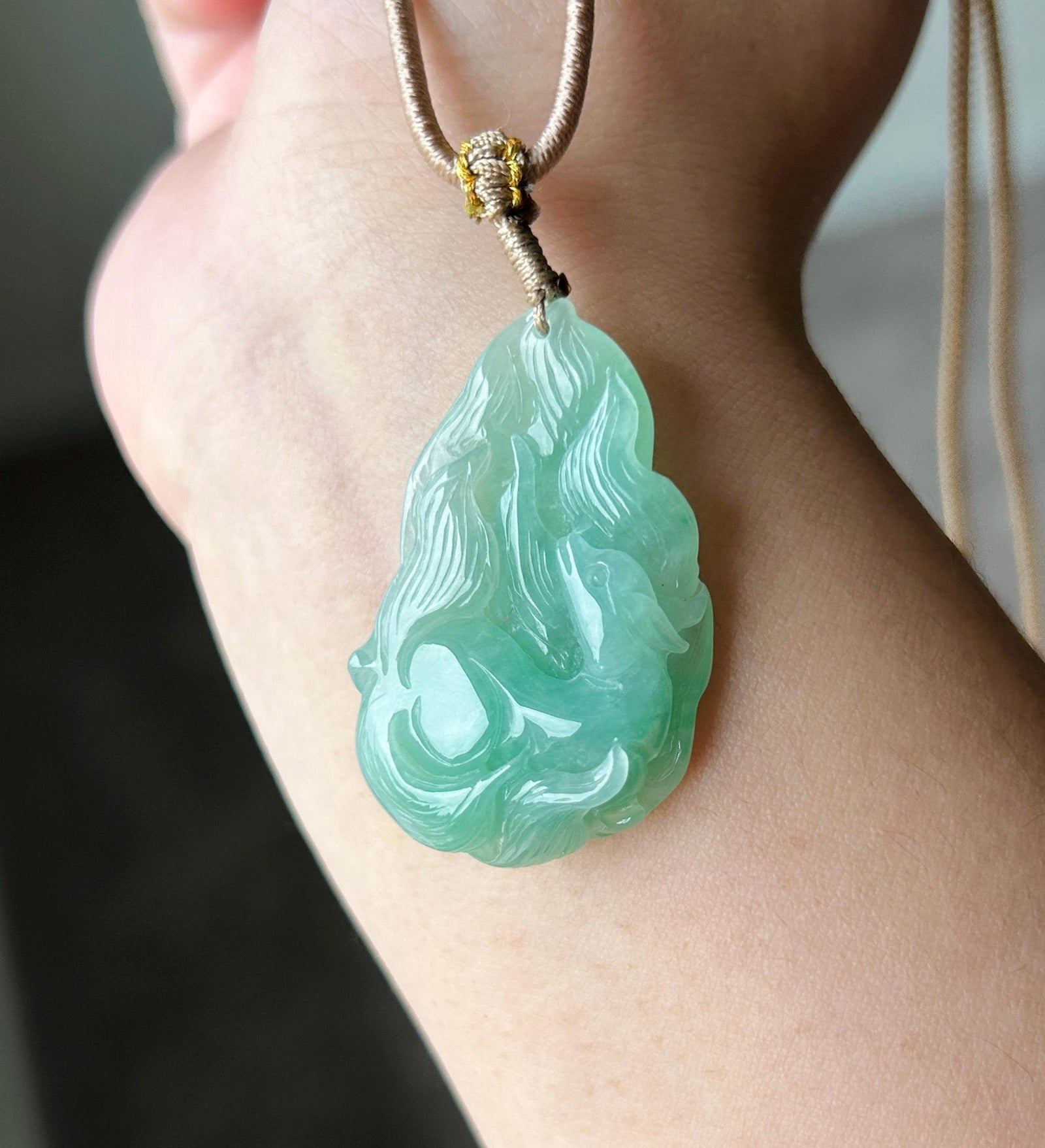 Certified Natural Jadeite Nine-Tail-Fox Pendant - Burmese Type A Untreated Icy Translucent Apple Green Jade Handwoven Adjustable Cord