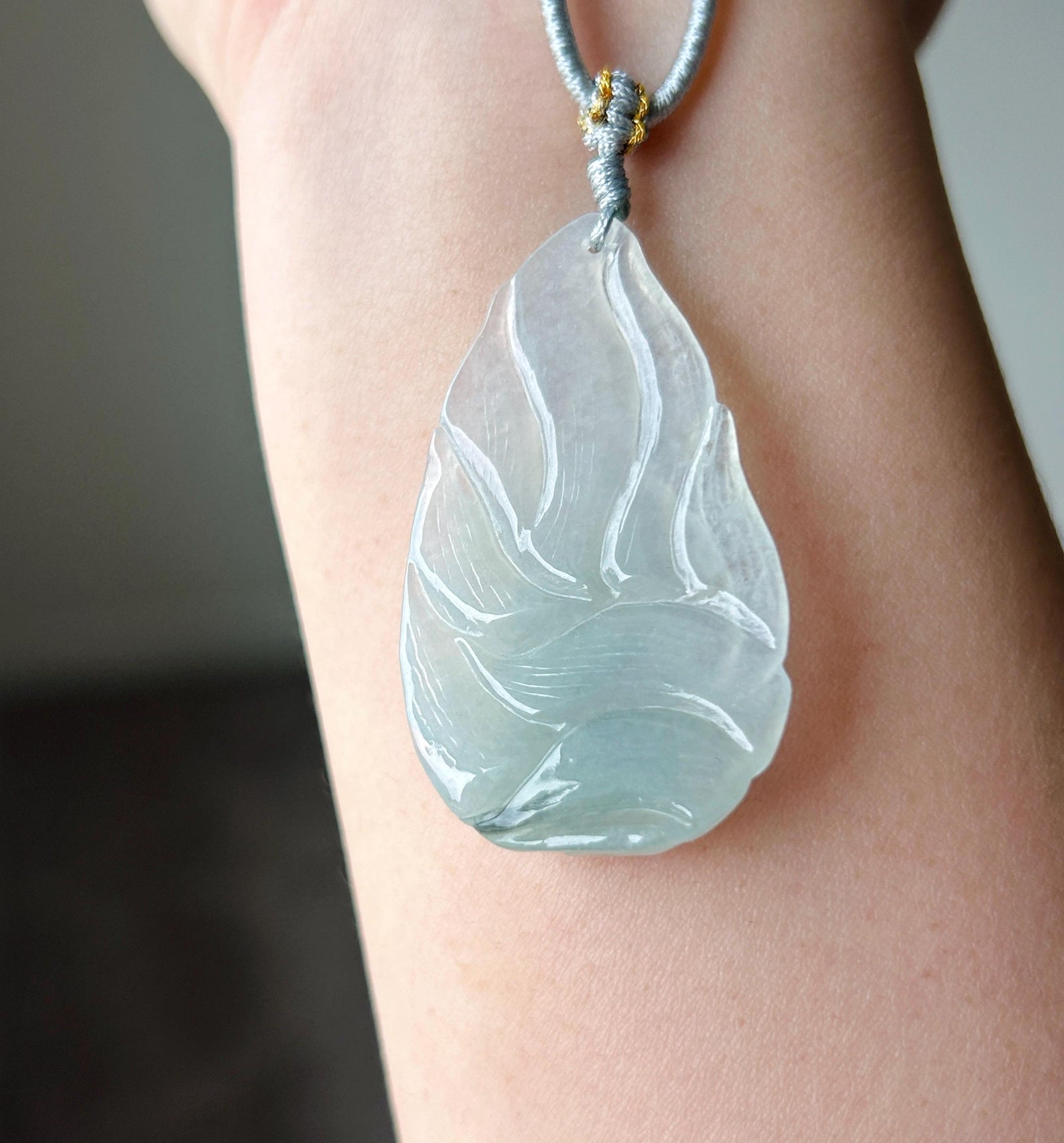 Certified Natural Jadeite Nine-Tail-Fox Pendant - Burmese Type A Untreated Translucent Icy Aqua Blue Jade Handwoven Adjustable Cord