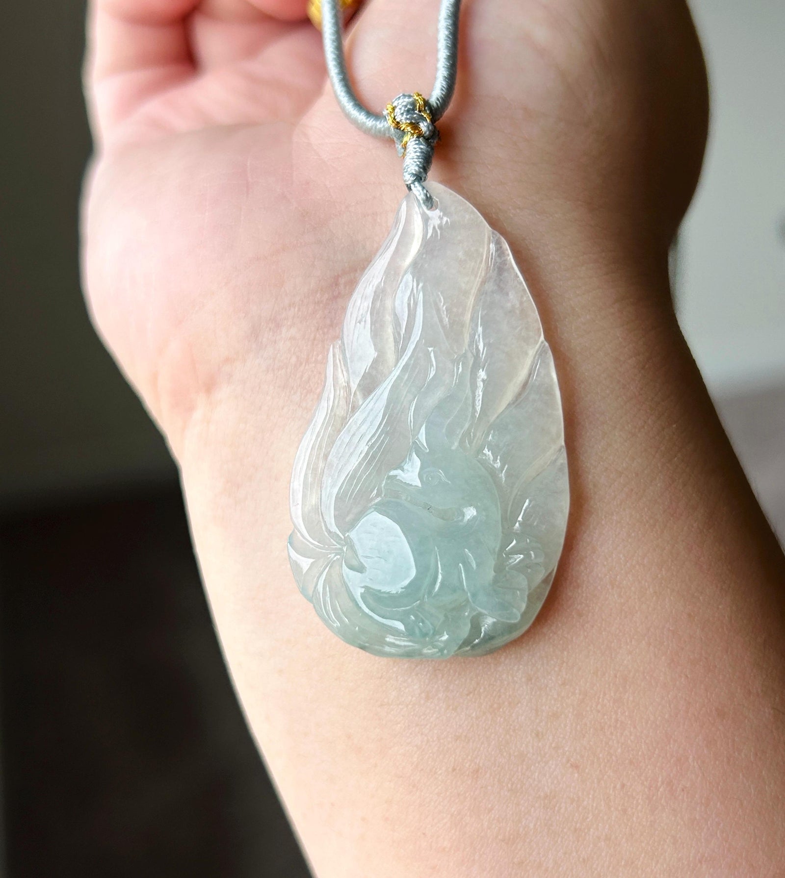 Certified Natural Jadeite Nine-Tail-Fox Pendant - Burmese Type A Untreated Translucent Icy Aqua Blue Jade Handwoven Adjustable Cord