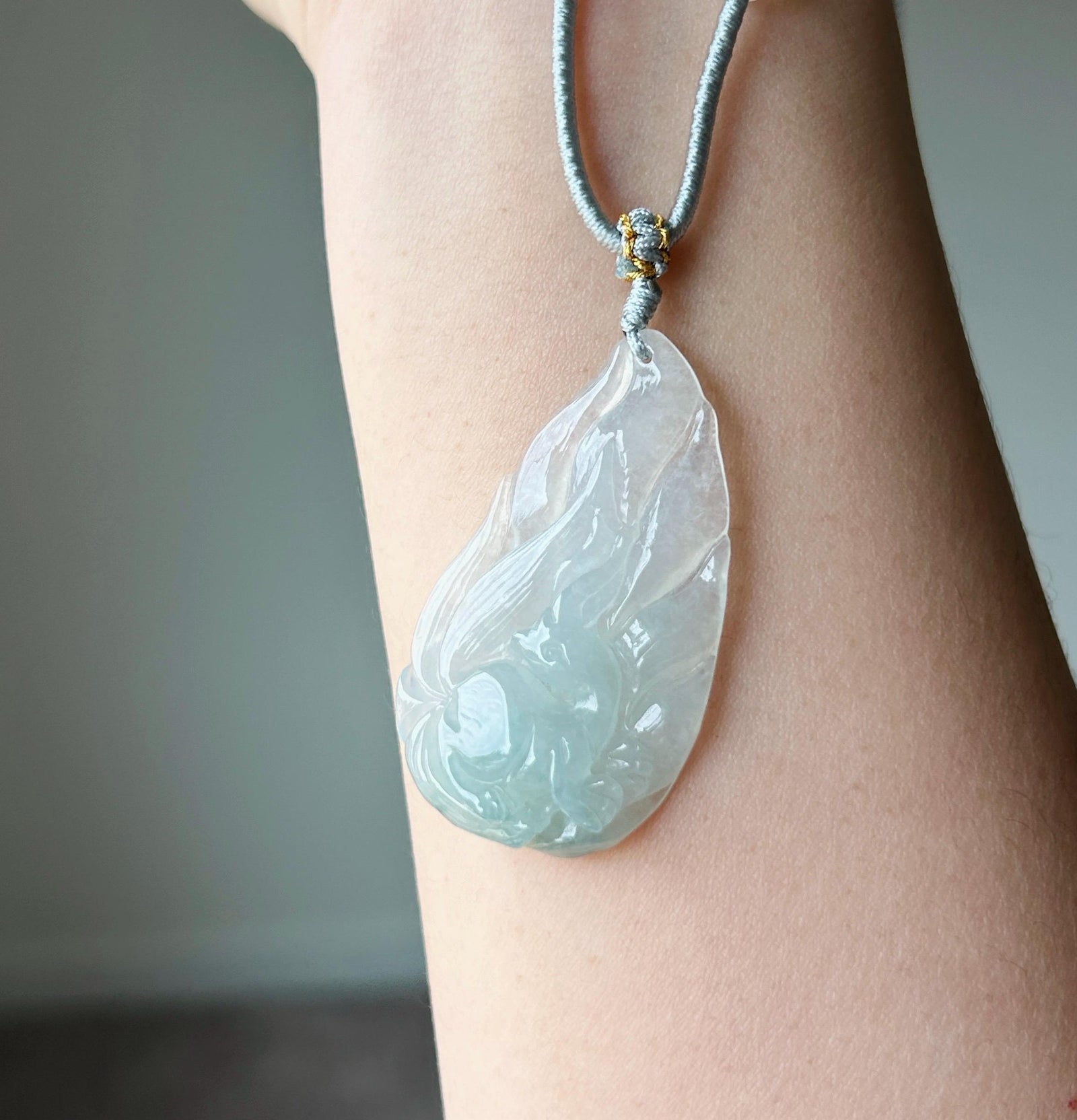 Certified Natural Jadeite Nine-Tail-Fox Pendant - Burmese Type A Untreated Translucent Icy Aqua Blue Jade Handwoven Adjustable Cord