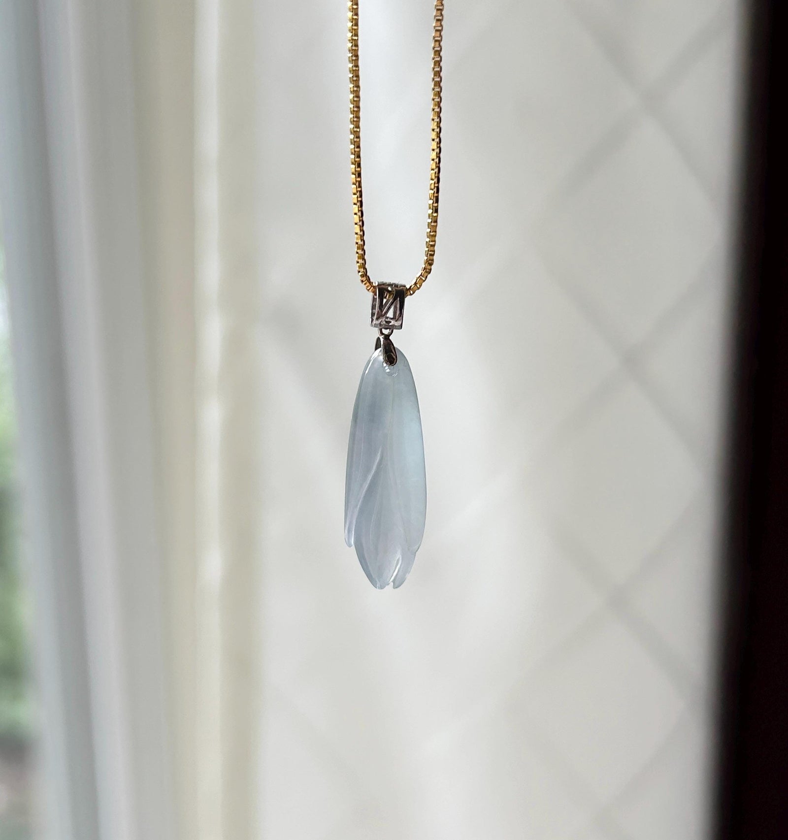 Natural Jadeite Magnolia Flower Pendant - Burmese Type A Untreated Highly Translucent Icy White Jade, 18k Solid Gold Bail