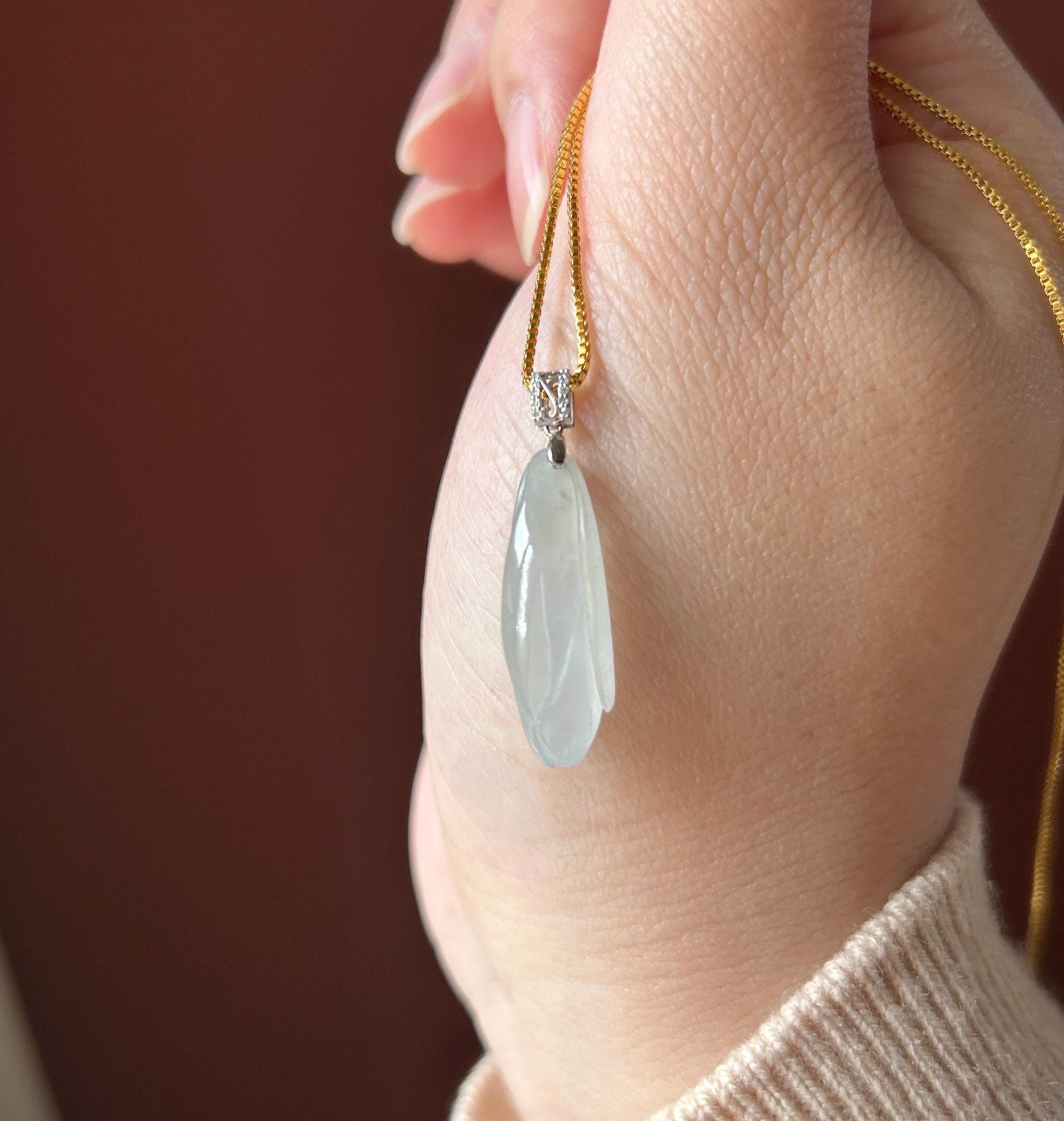 Natural Jadeite Magnolia Flower Pendant - Burmese Type A Untreated Highly Translucent Icy White Jade, 18k Solid Gold Bail