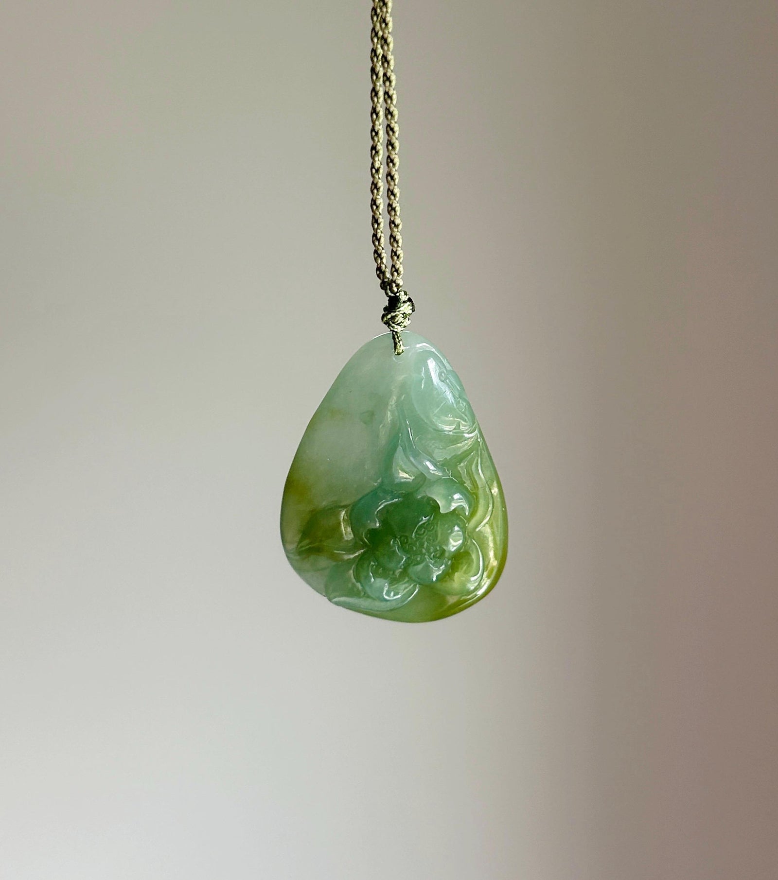 Natural Jadeite Lotus Pendant Burmese Type A Translucent Icy Glutinous Green-Tea-Yellow Jade, Handwoven Adjustable Cord