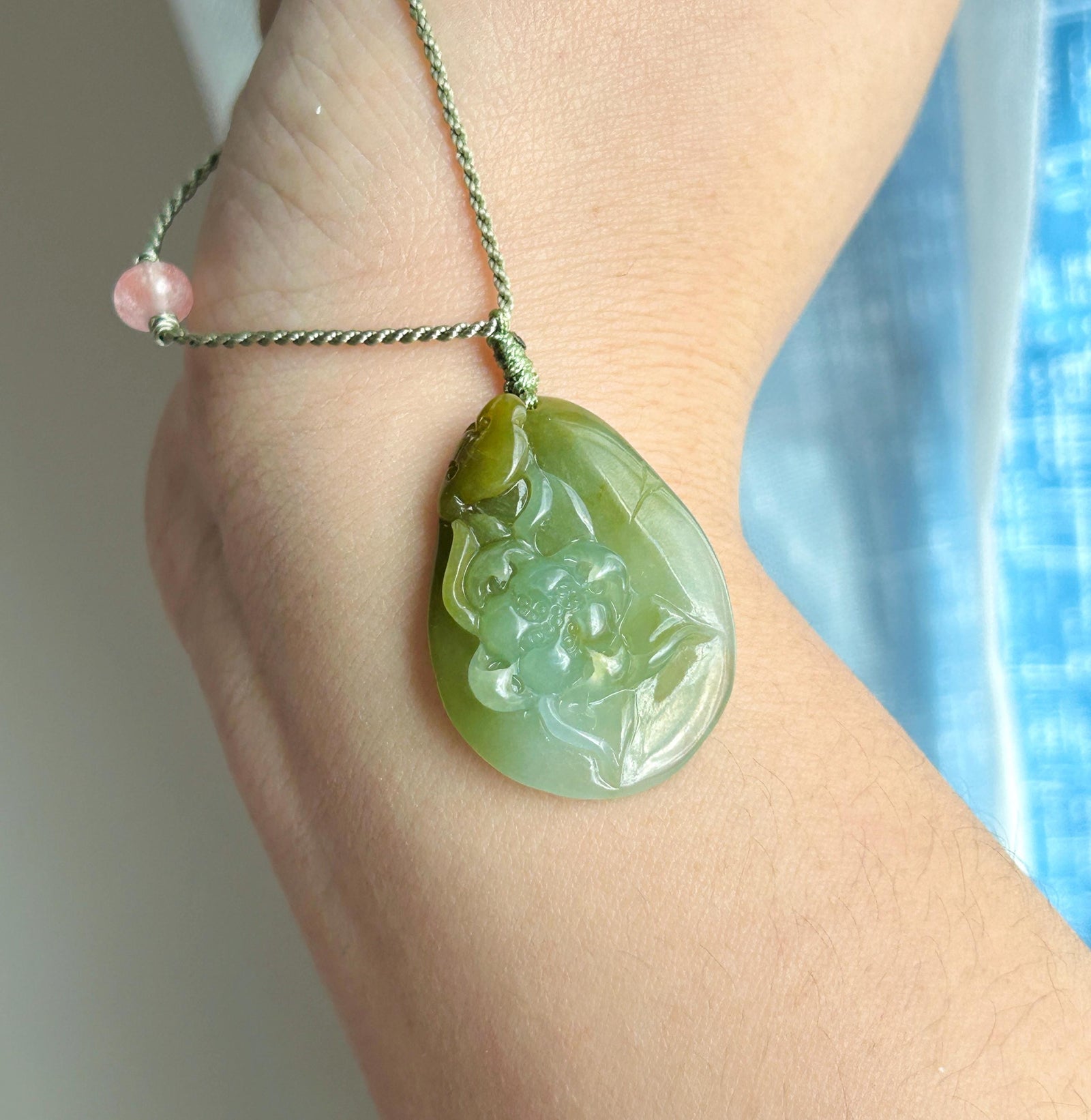Natural Jadeite Lotus Pendant Burmese Type A Translucent Icy Glutinous Green-Tea-Yellow Jade, Handwoven Adjustable Cord