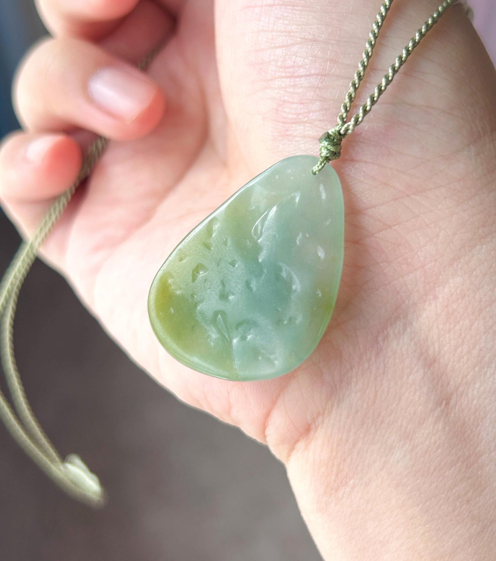 Natural Jadeite Lotus Pendant Burmese Type A Translucent Icy Glutinous Green-Tea-Yellow Jade, Handwoven Adjustable Cord