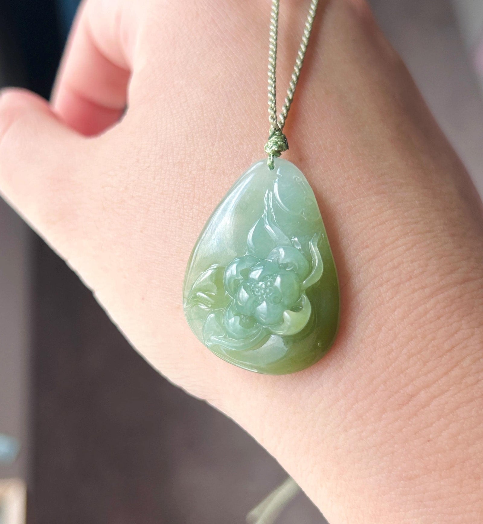 Natural Jadeite Lotus Pendant Burmese Type A Translucent Icy Glutinous Green-Tea-Yellow Jade, Handwoven Adjustable Cord