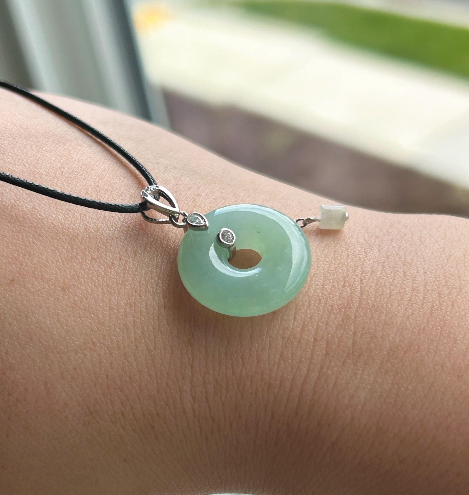 Natural Jadeite Donut Pendant - Type A Burmese Jade in Icy Apple Green, Sterling Silver Designer Setting