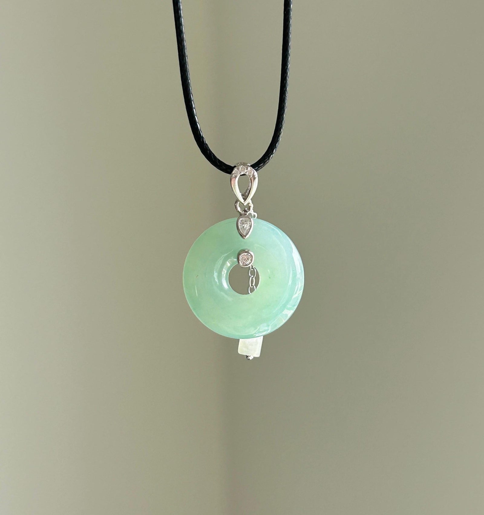 Natural Jadeite Donut Pendant - Type A Burmese Jade in Icy Apple Green, Sterling Silver Designer Setting