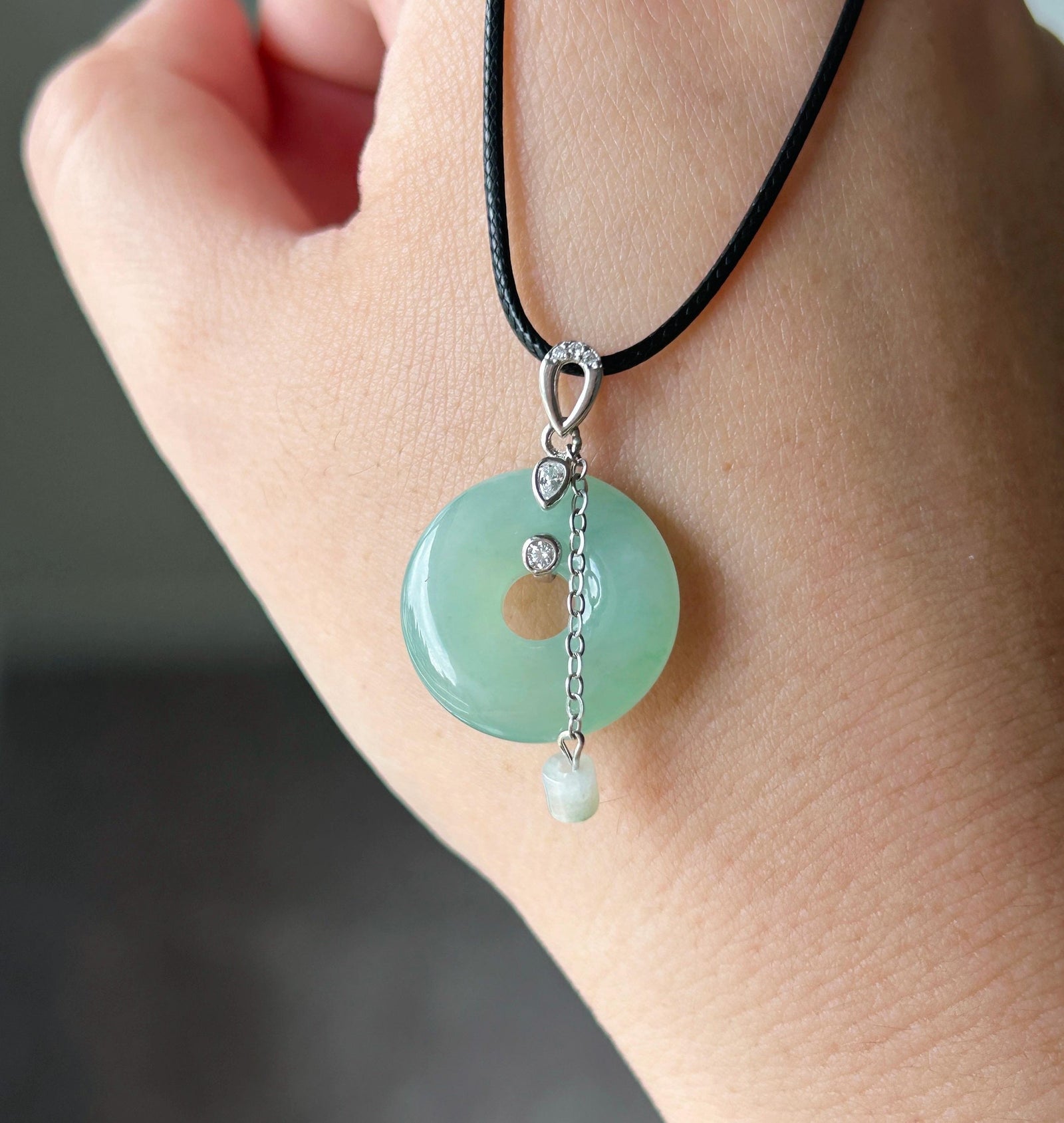 Natural Jadeite Donut Pendant - Type A Burmese Jade in Icy Apple Green, Sterling Silver Designer Setting