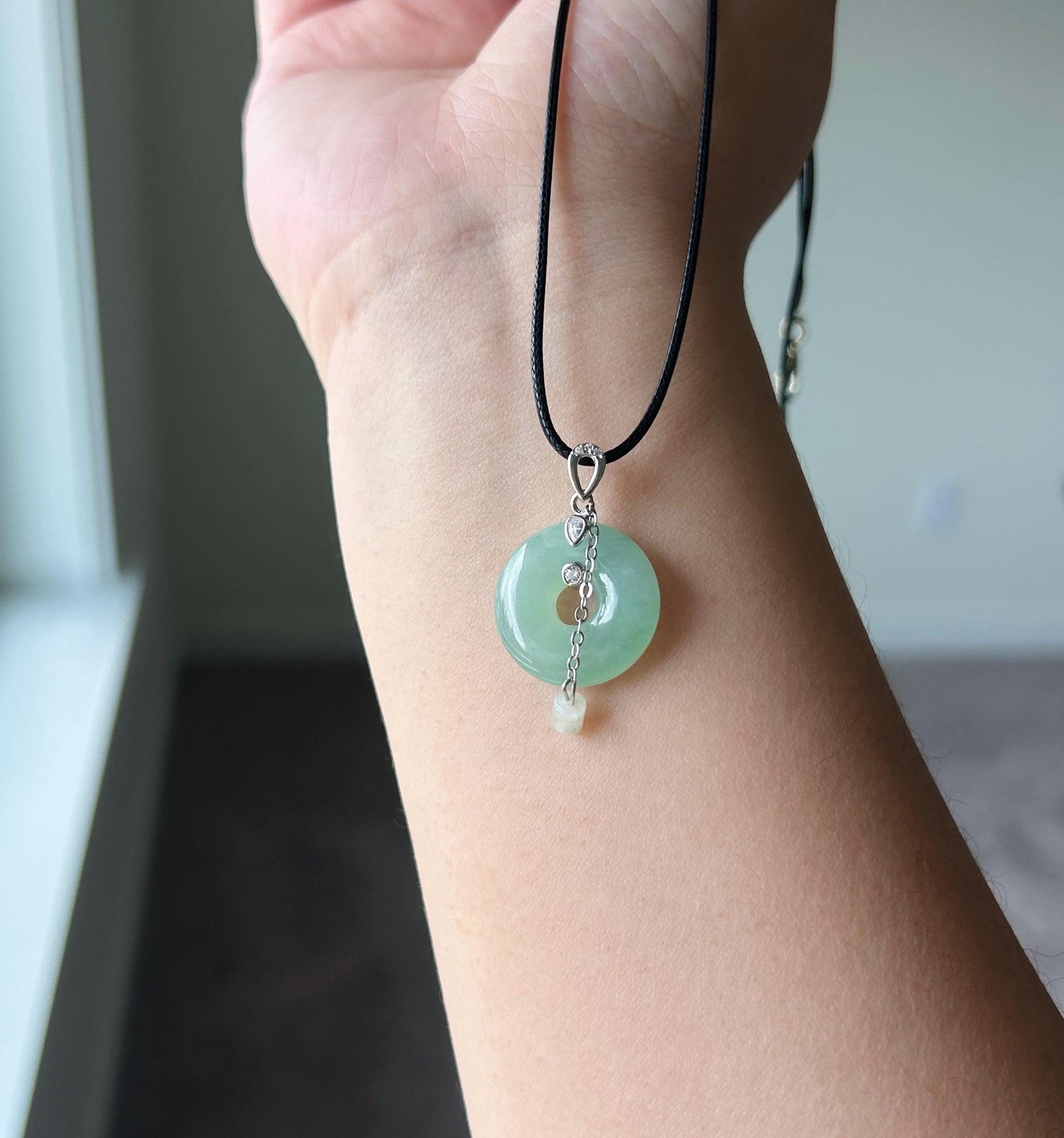 Natural Jadeite Donut Pendant - Type A Burmese Jade in Icy Apple Green, Sterling Silver Designer Setting
