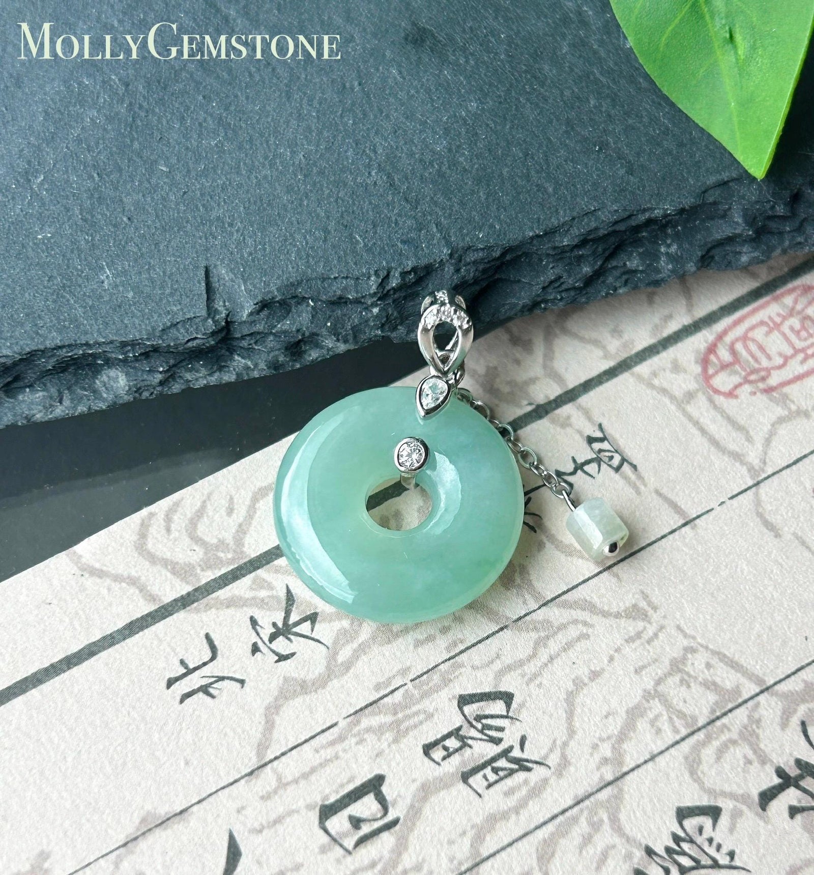 Natural Jadeite Donut Pendant - Type A Burmese Jade in Icy Apple Green, Sterling Silver Designer Setting